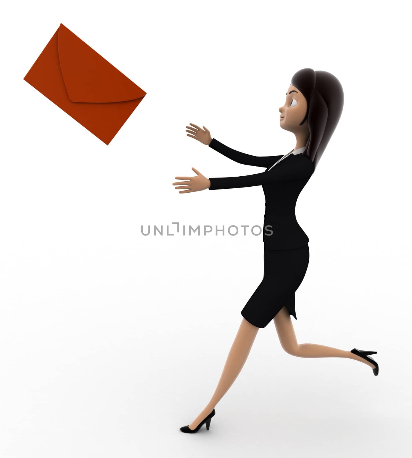 3d woman running after mail message concept on white background,  side angle view