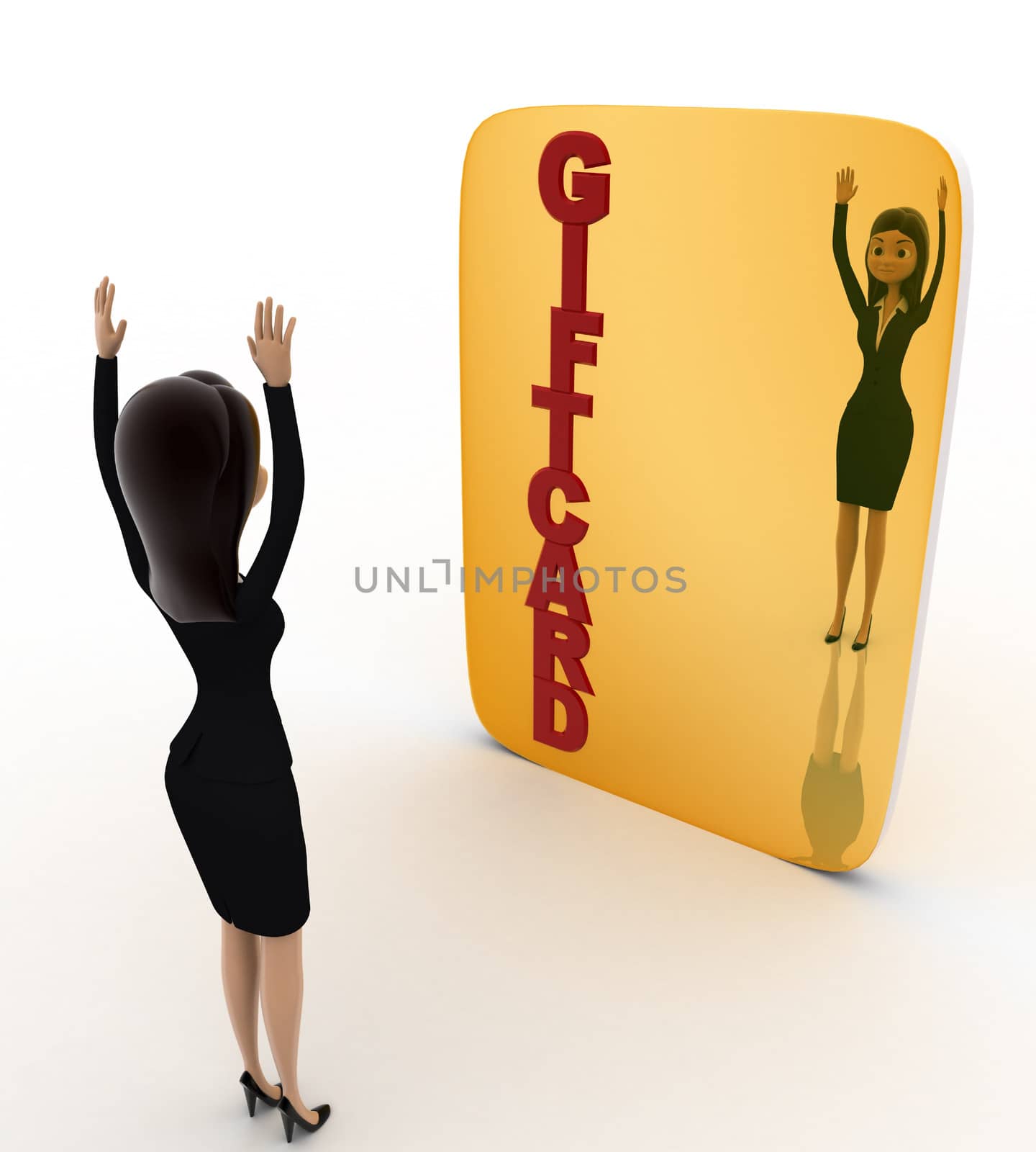 3d woman happy with gift card concept on white background, top angle view