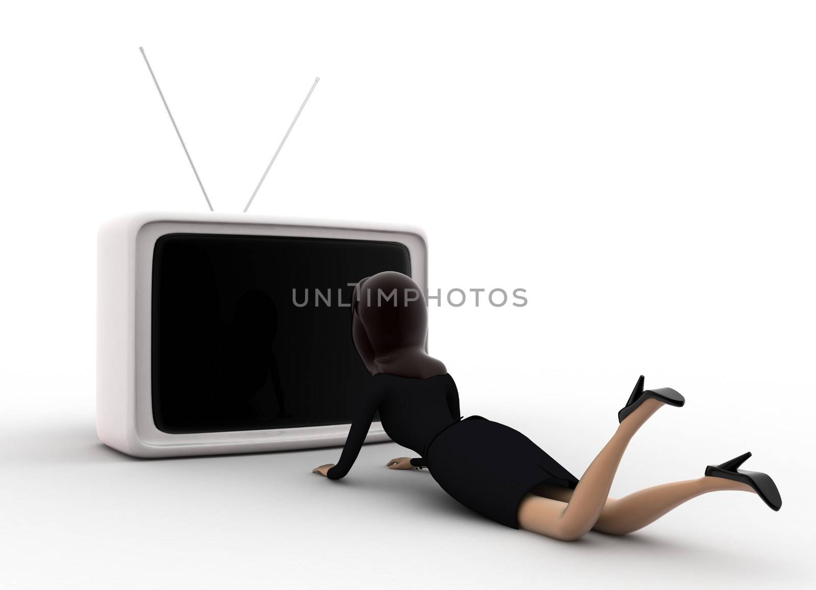 3d woman lying on floor and watching tv concept on white background, front angle view