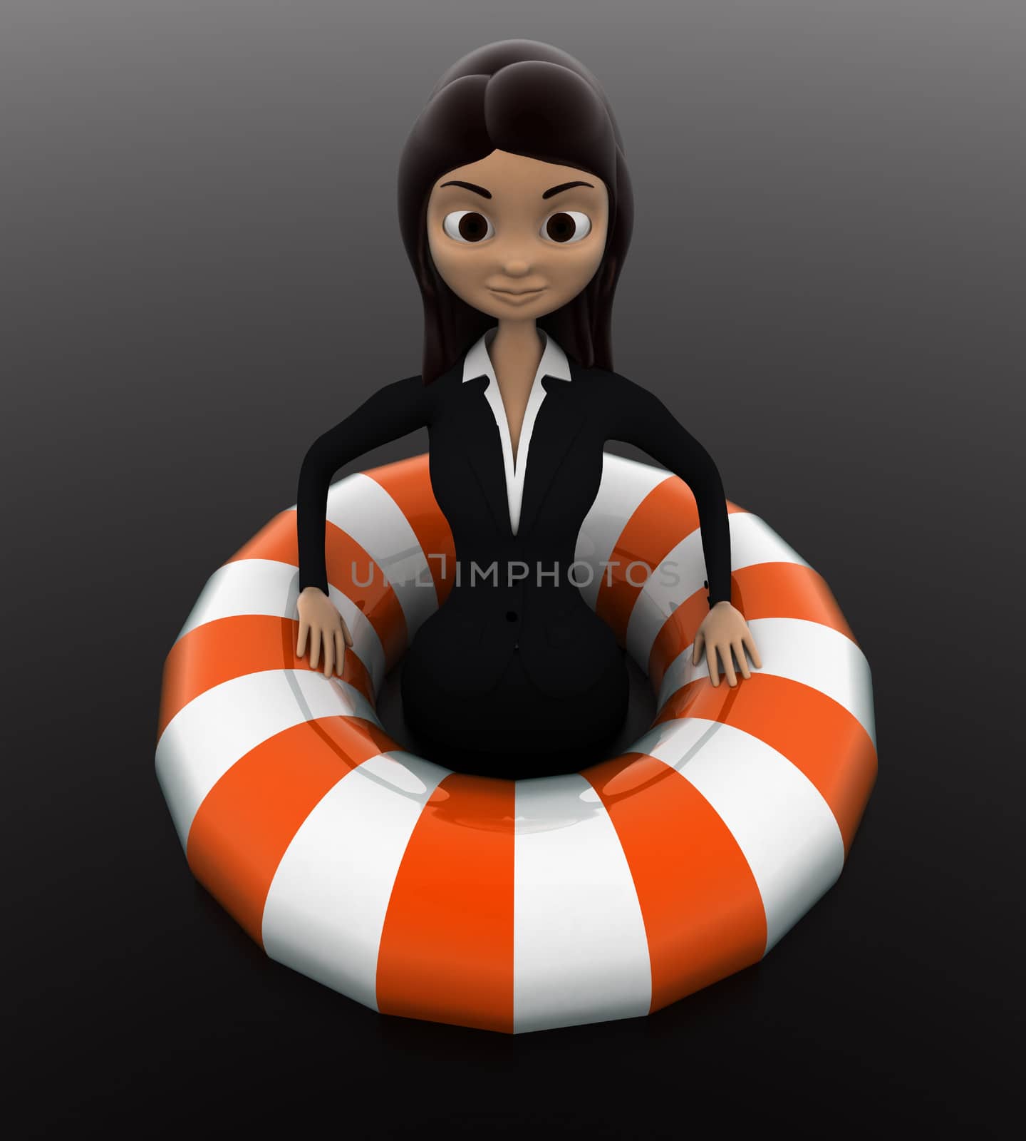 3d woman float with life saver floating tube concept on white background, front angle view