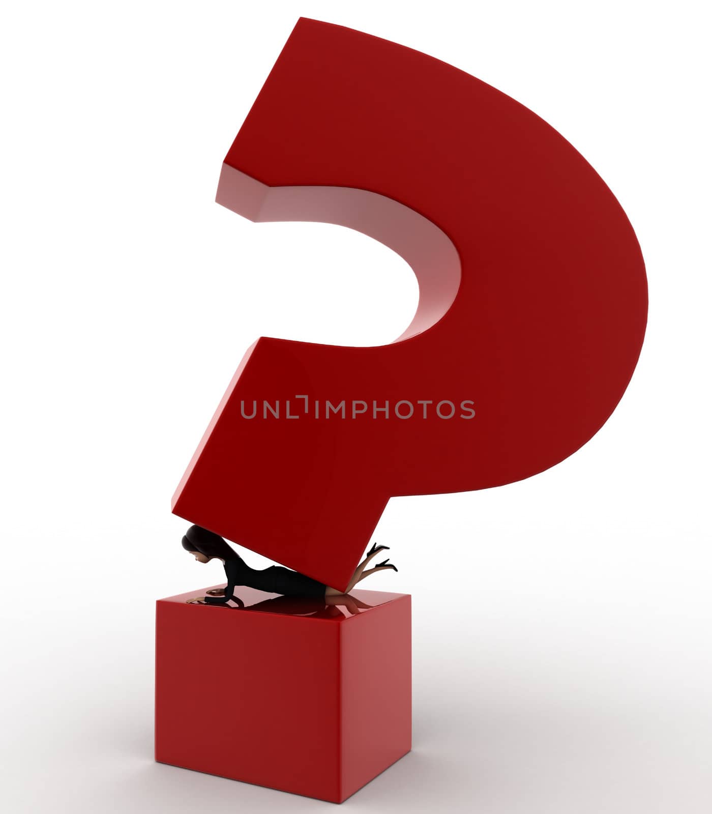 3d woman under pressure of big question mark concept on white background, side angle view