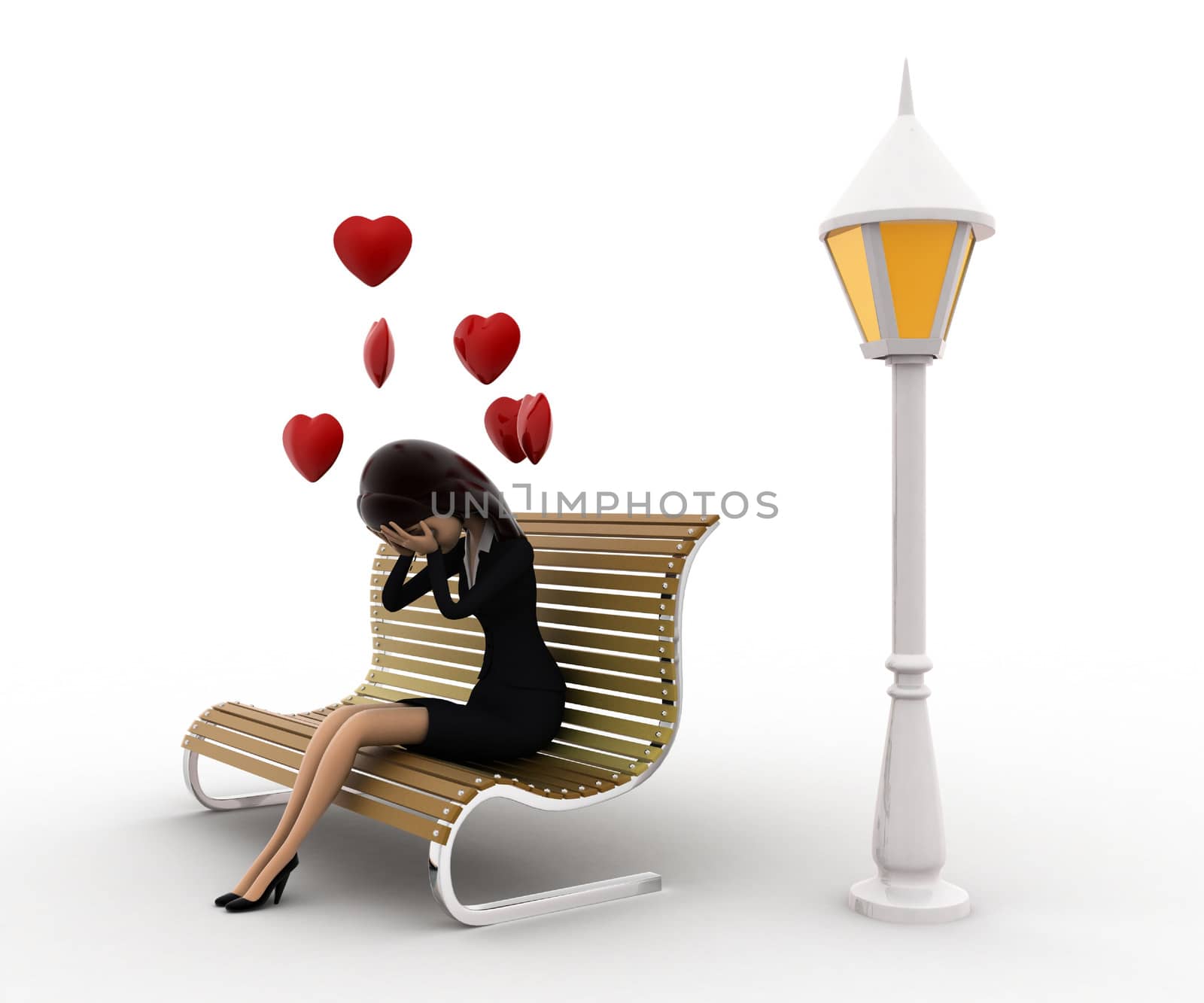 3d woman sitting on batch and in love with hearts flying concept on white background, side angle view