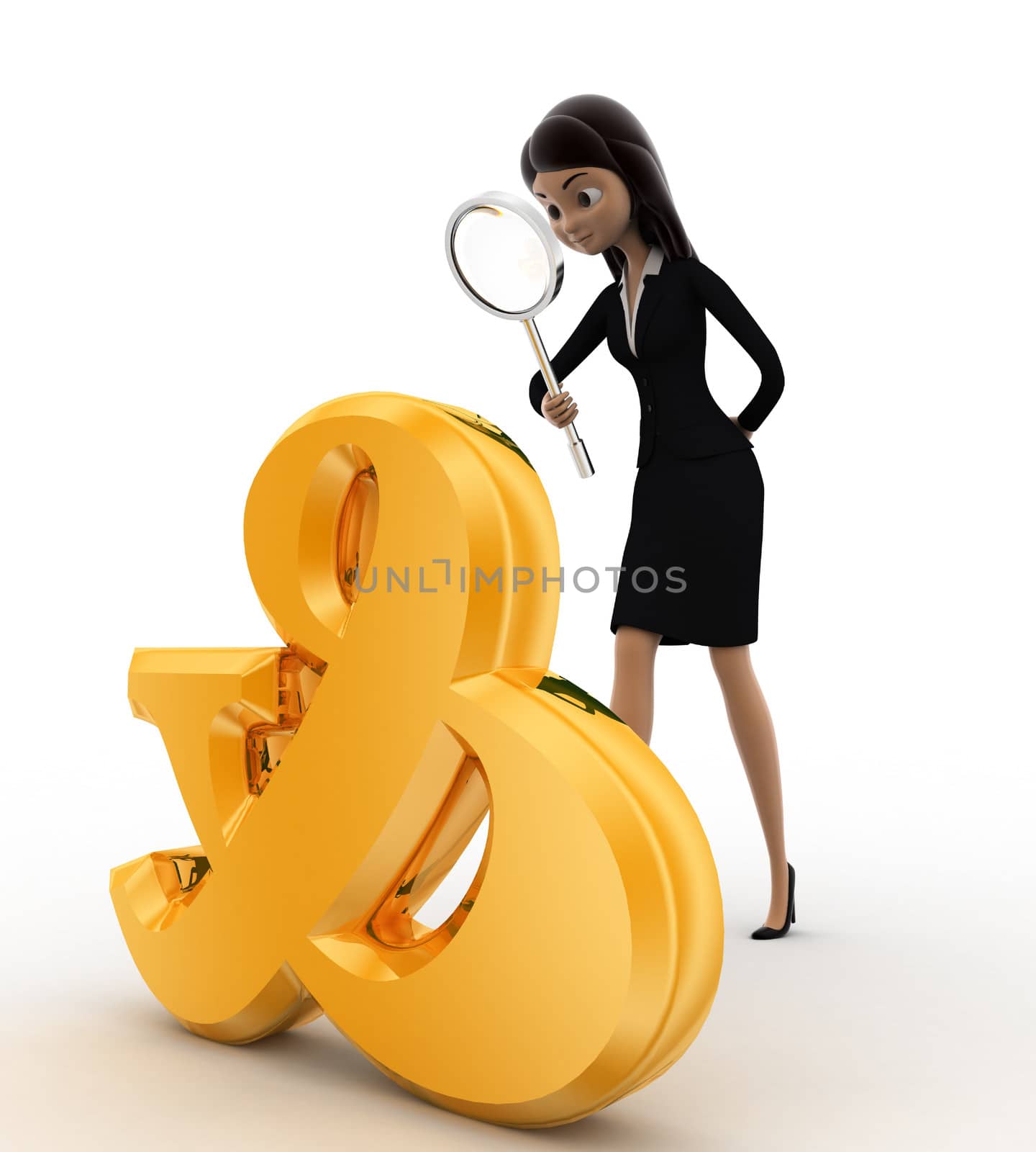 3d woman examine percentage symbol concept on white background, front angle view