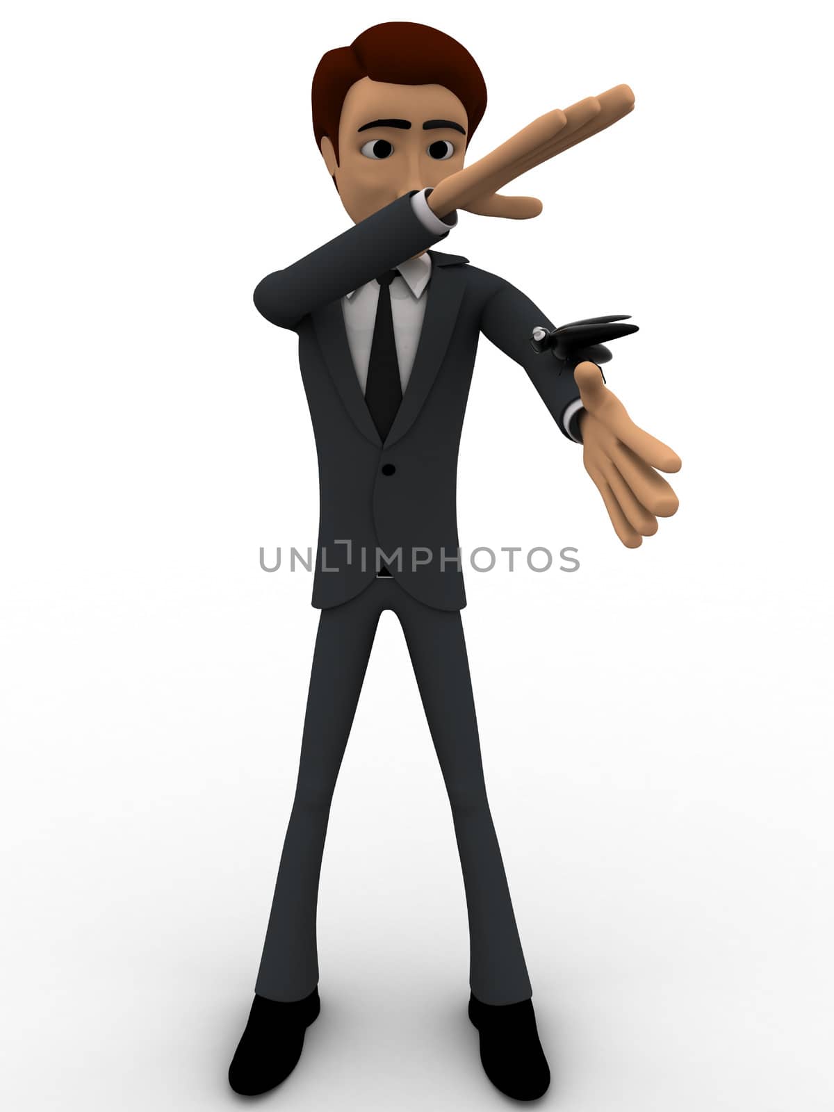 3d man about hit and kill bug with one hand concept on white background, front  angle view
