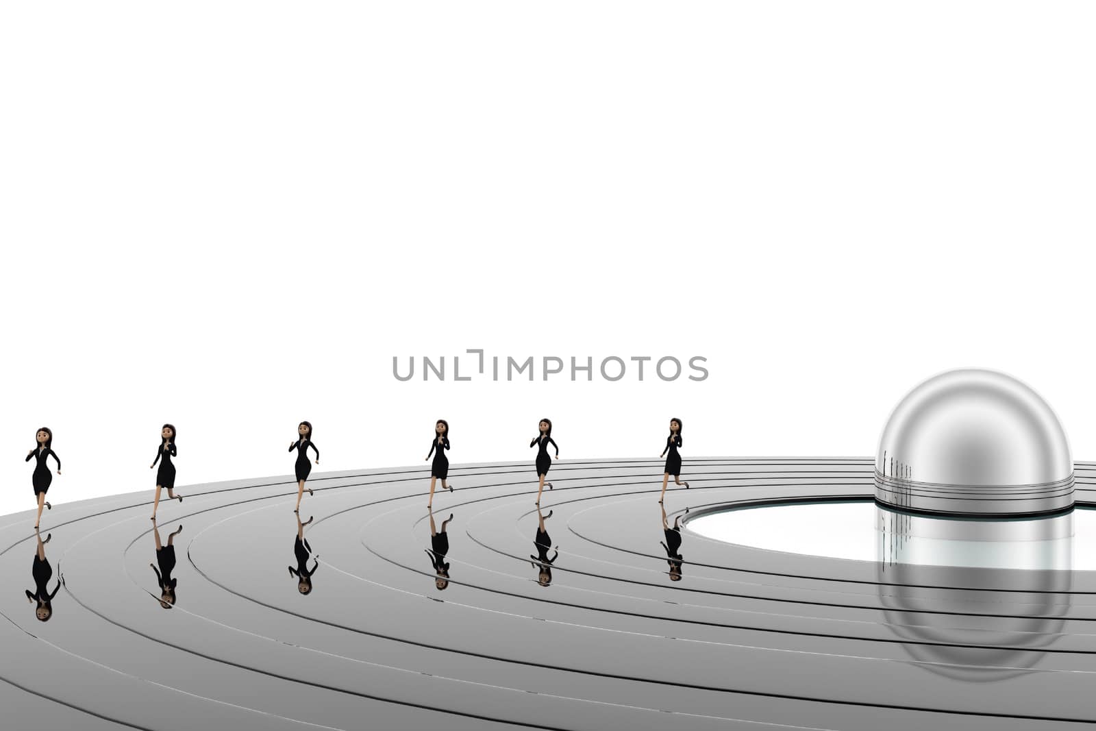 3d woman running in race concept on white background, front angle view