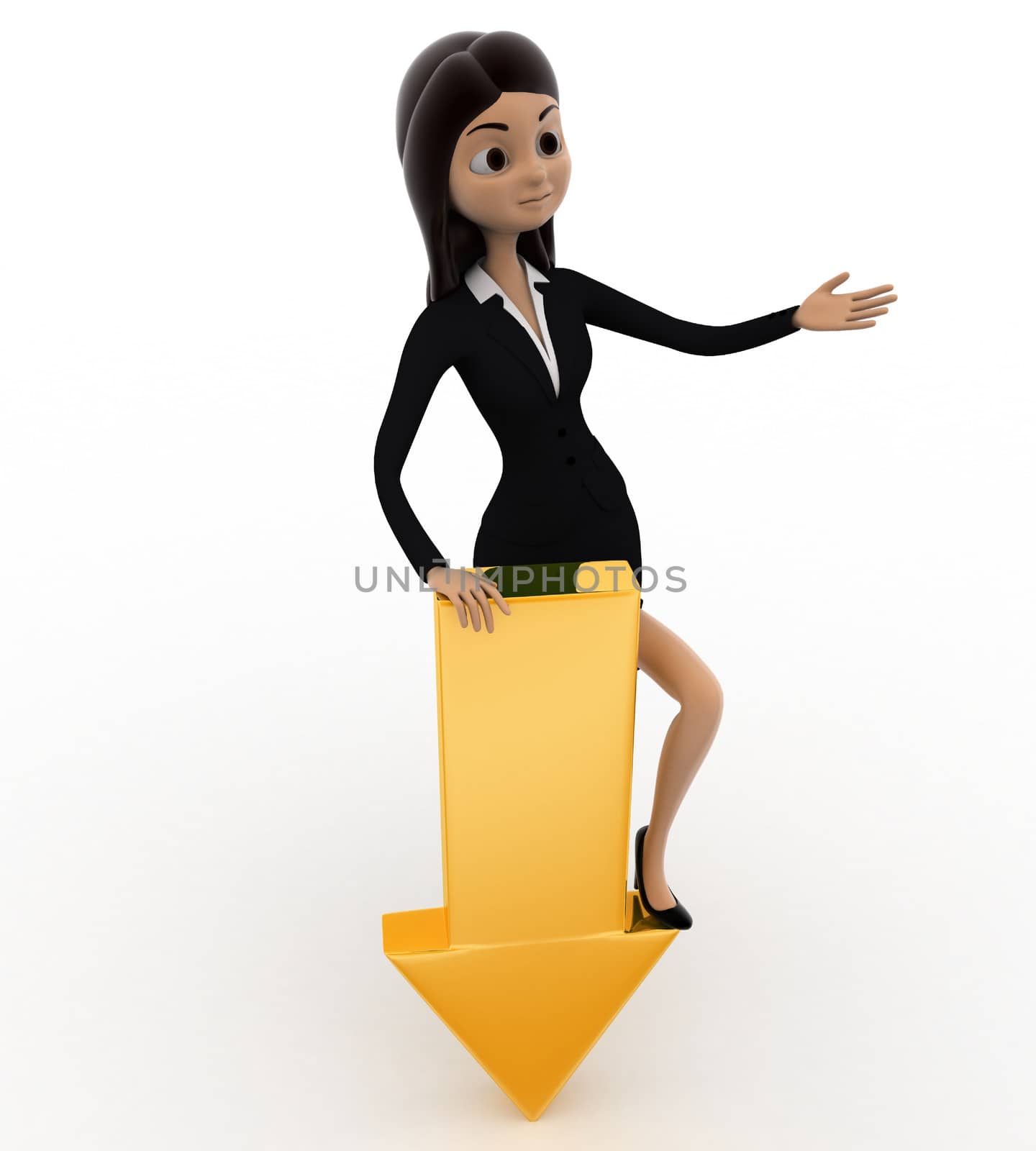 3d woman down golden arrow to represent donwload concept on white background, top angle view