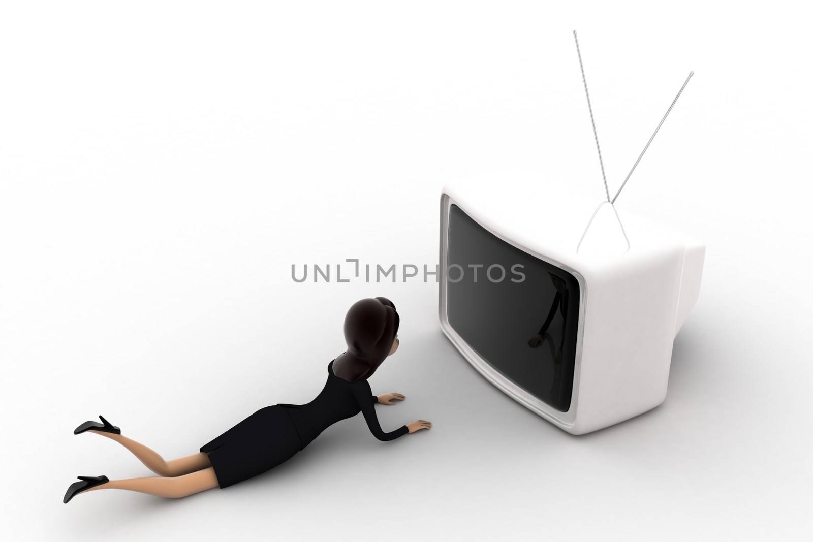 3d woman lying on floor and watching tv concept on white background, top angle view