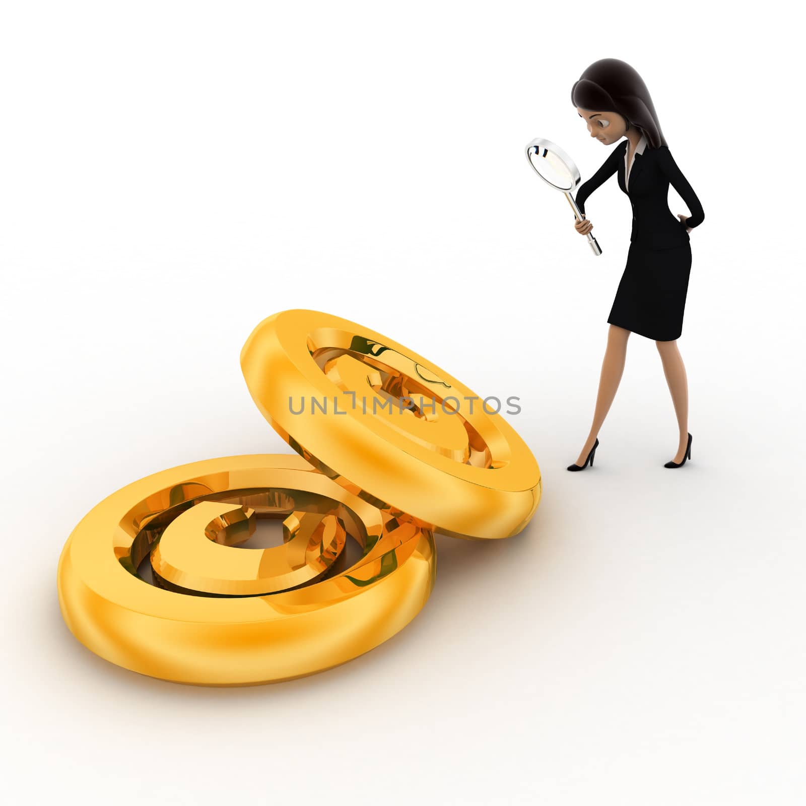 3d woman examine copyrights golden symbol concept on white background, top  angle view