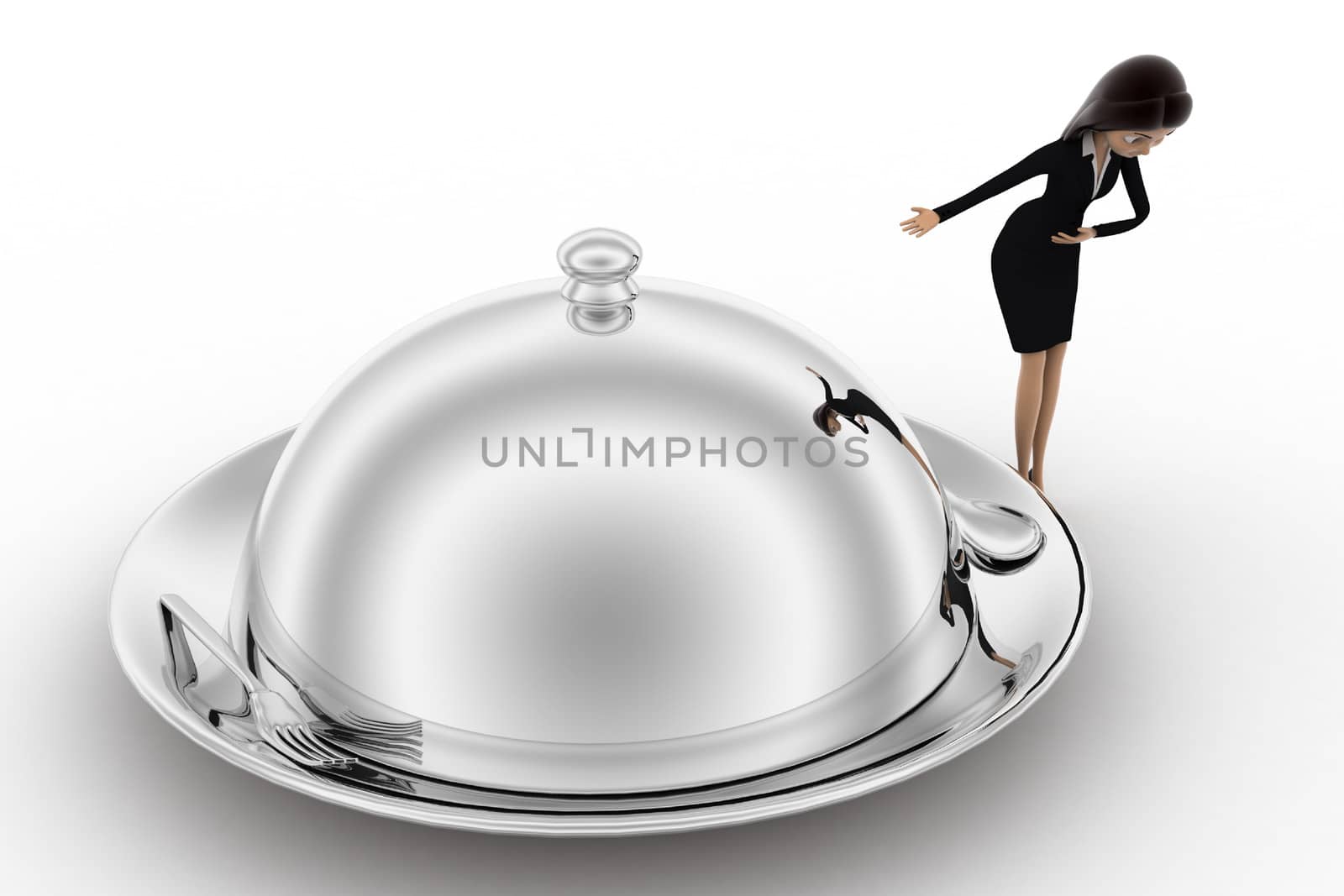 3d woman welcome and present big dish with food concept by touchmenithin@gmail.com