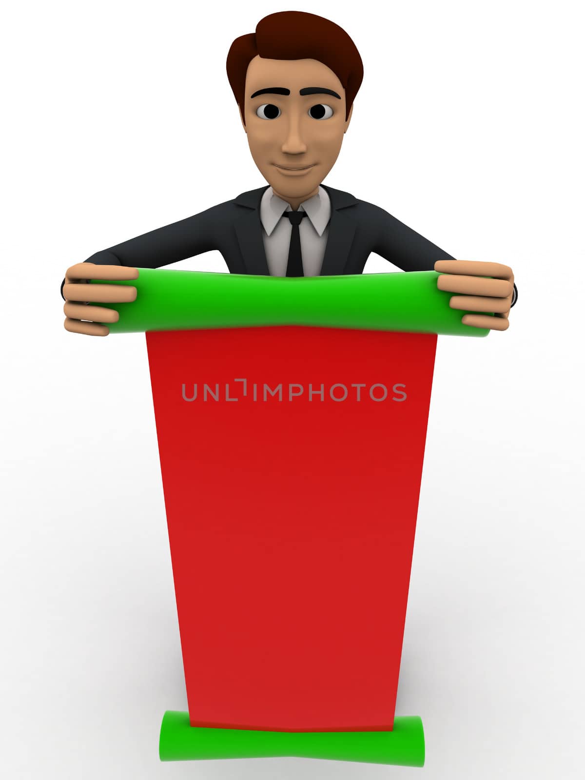 3d man with green and red paper scroll message concept by touchmenithin@gmail.com