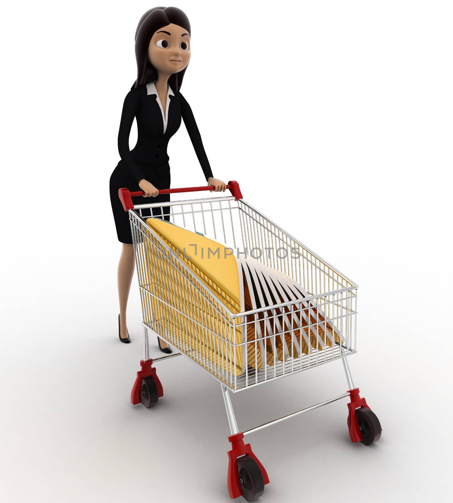 3d woman with shopping cart and cards concept on white background, front angle view