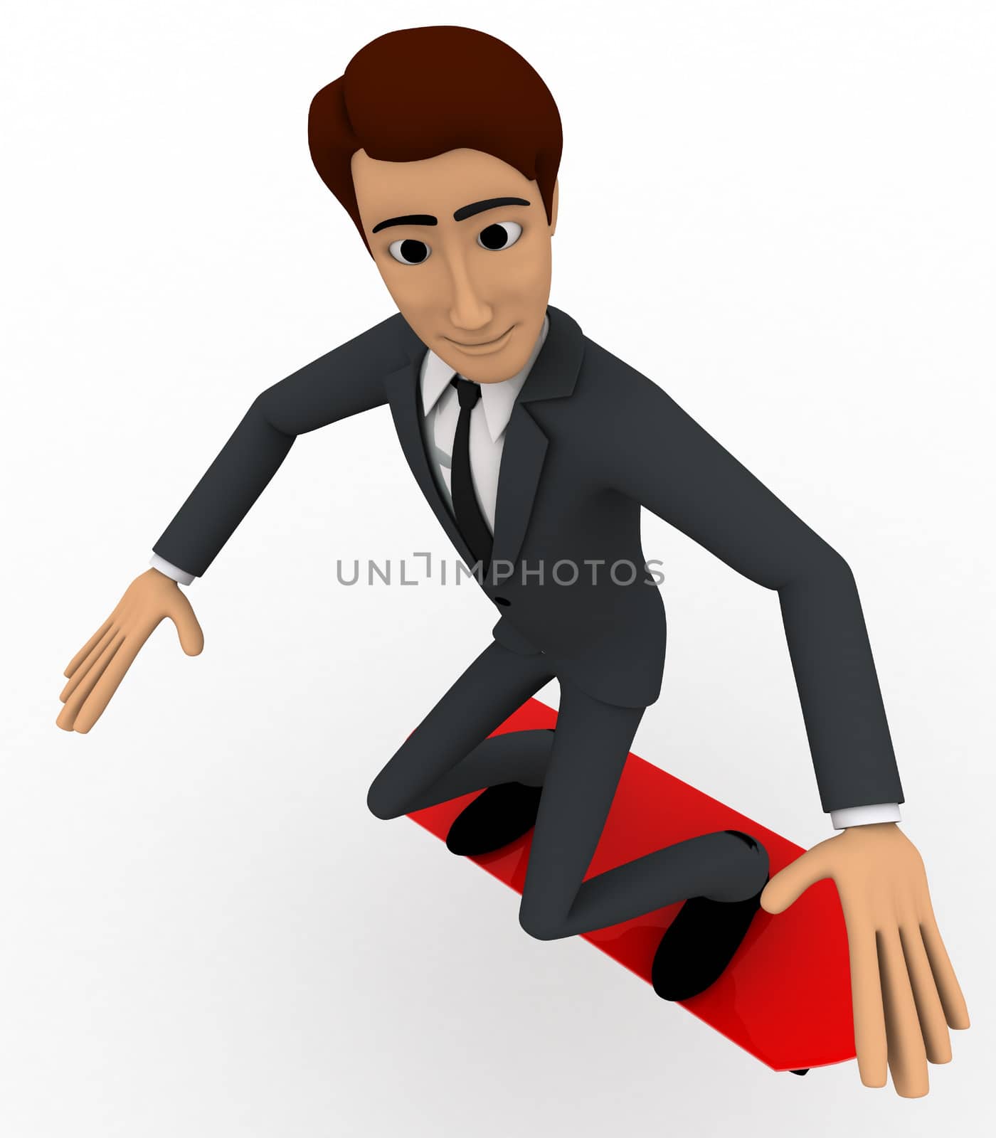 3d man jumping with red skateboard concept on white background, top angle view