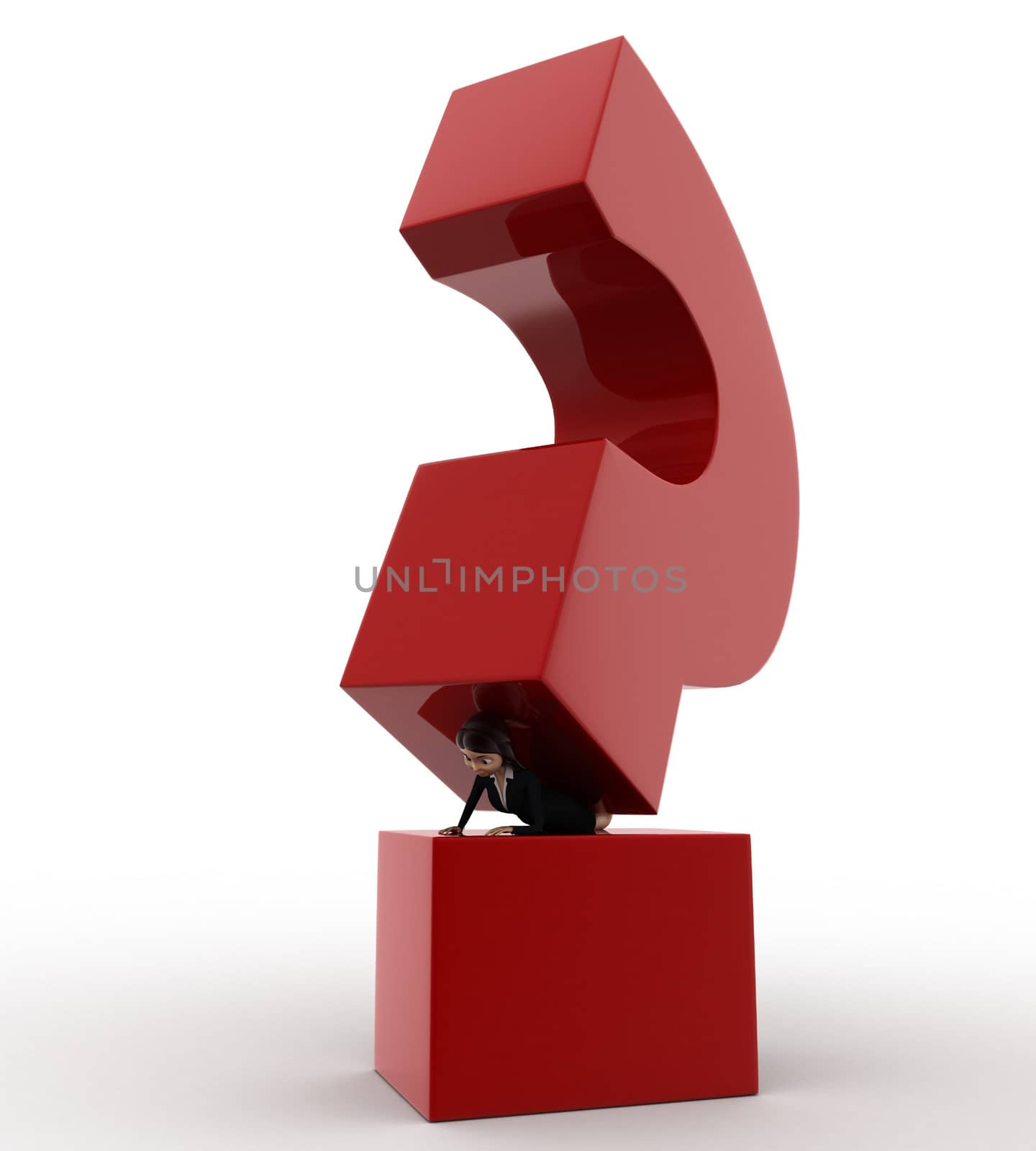 3d woman under pressure of big question mark concept on white background, front angle view