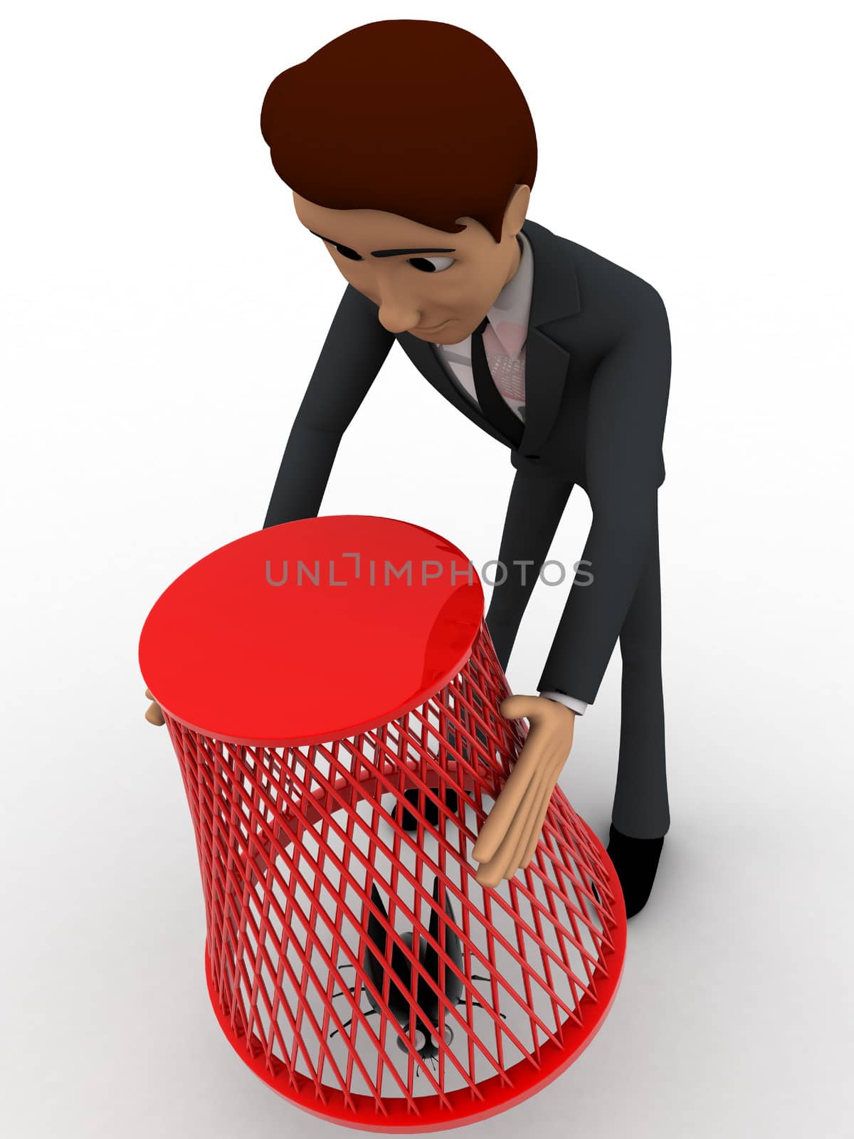 3d man catching flying bug with dustbin net concept on white background, top angle view