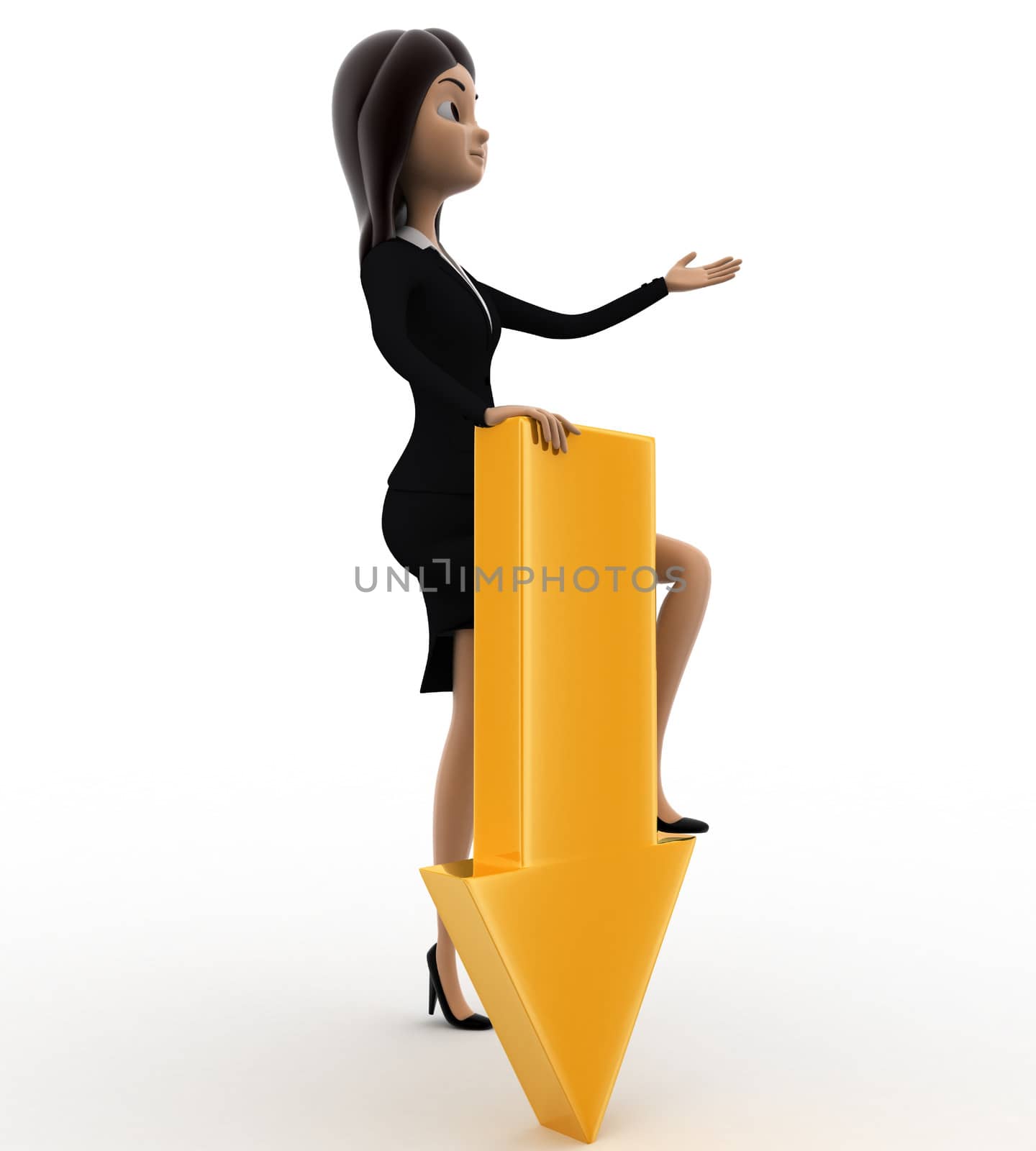 3d woman down golden arrow to represent donwload concept on white background, side angle view