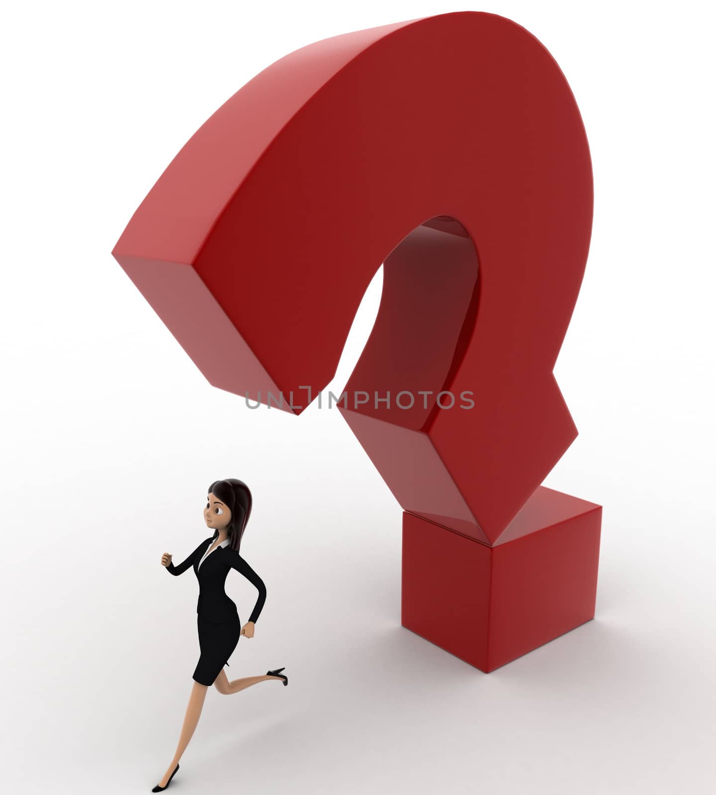 3d woman running from falling question mark concept on white background, front angle view