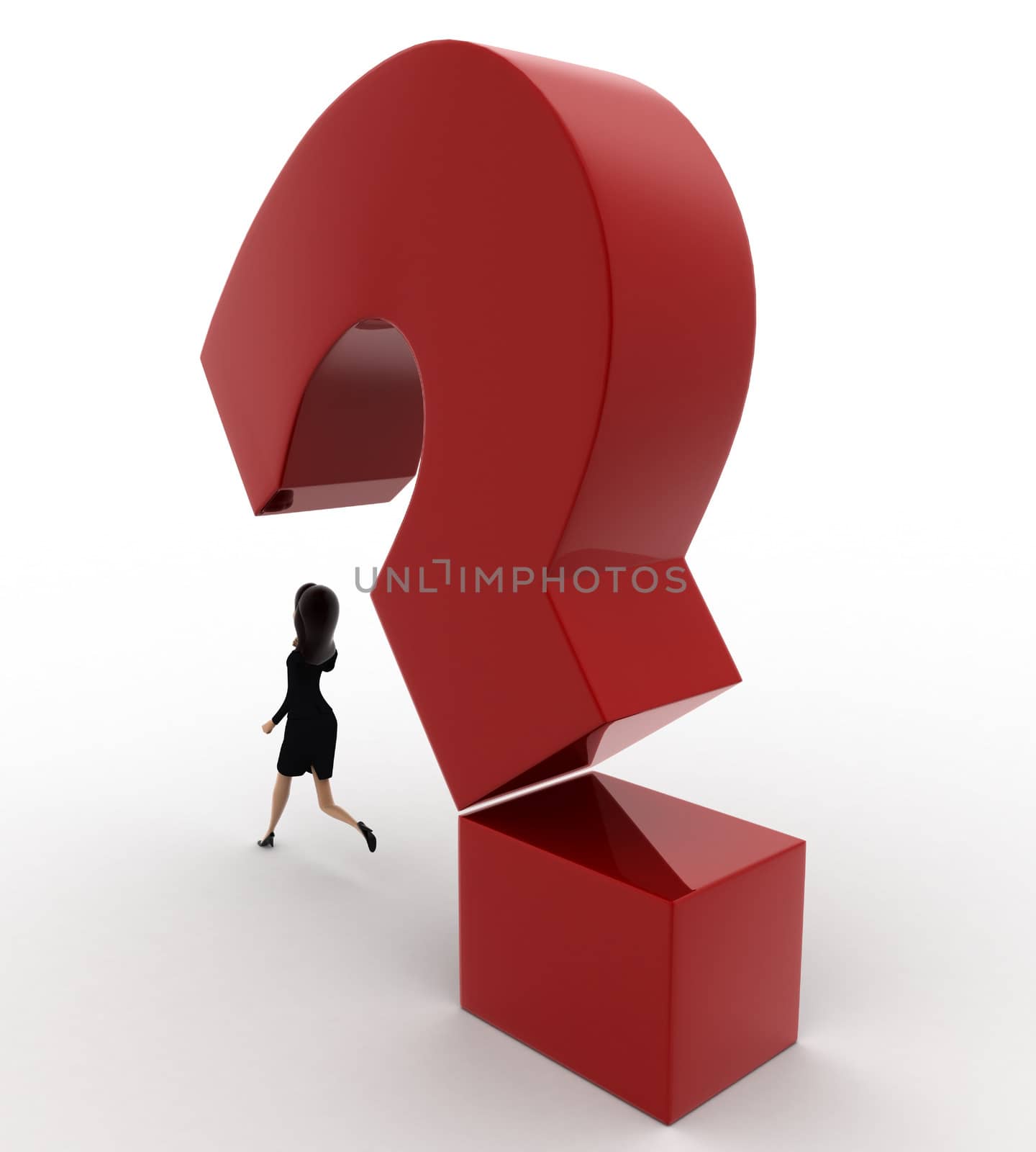 3d woman running from falling question mark concept on white background, back angle view