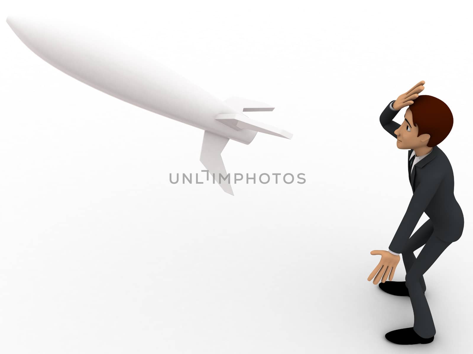 3d man in stress and looking at flying rocket missile concept by touchmenithin@gmail.com