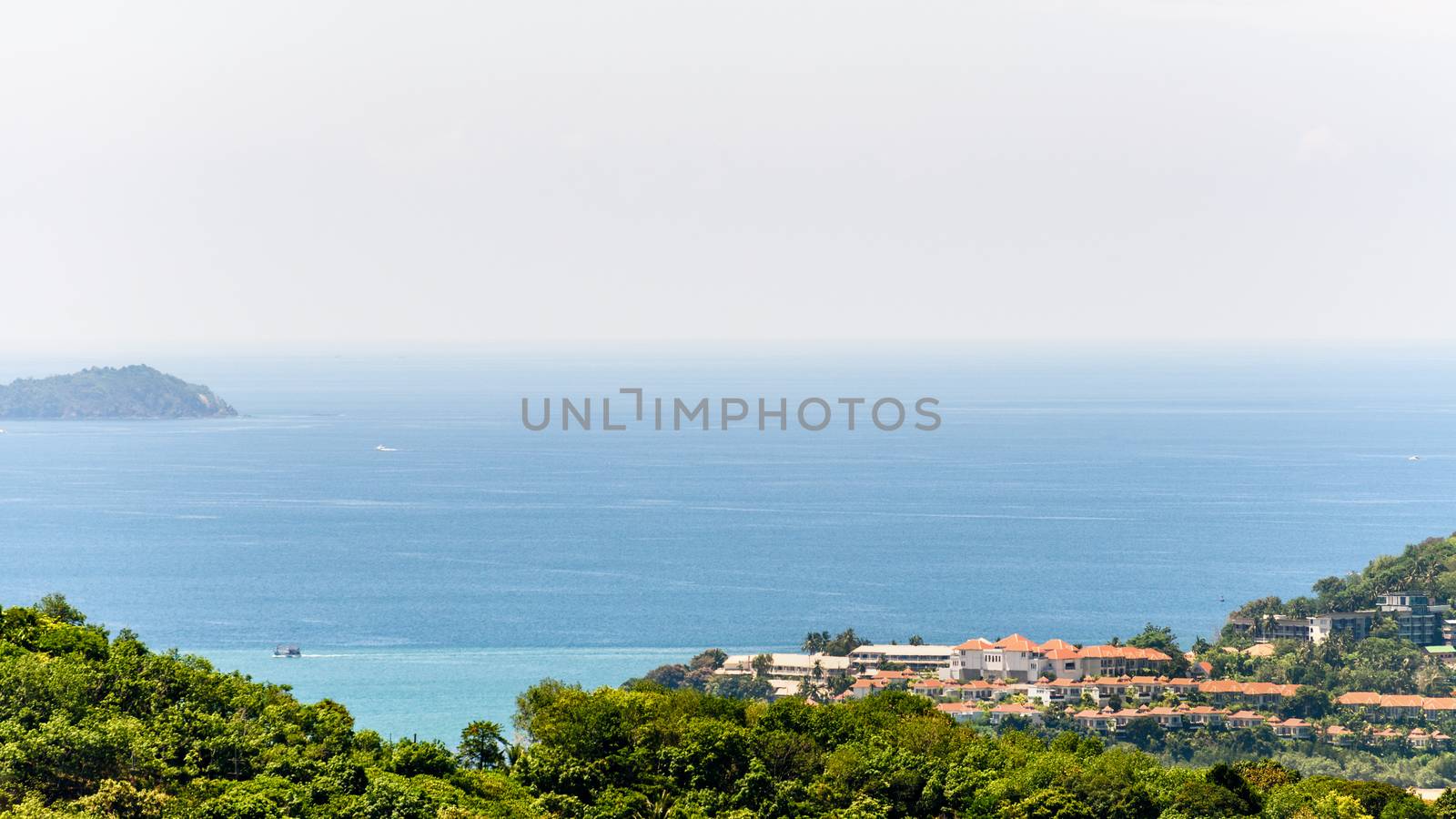 Beautiful landscape of resorts on mountain over the Andaman Sea in Phuket Island is a tourist town by the sea from Khao-Khad viewpoint famous attractions of Thailand, 16:9 Wide Screen