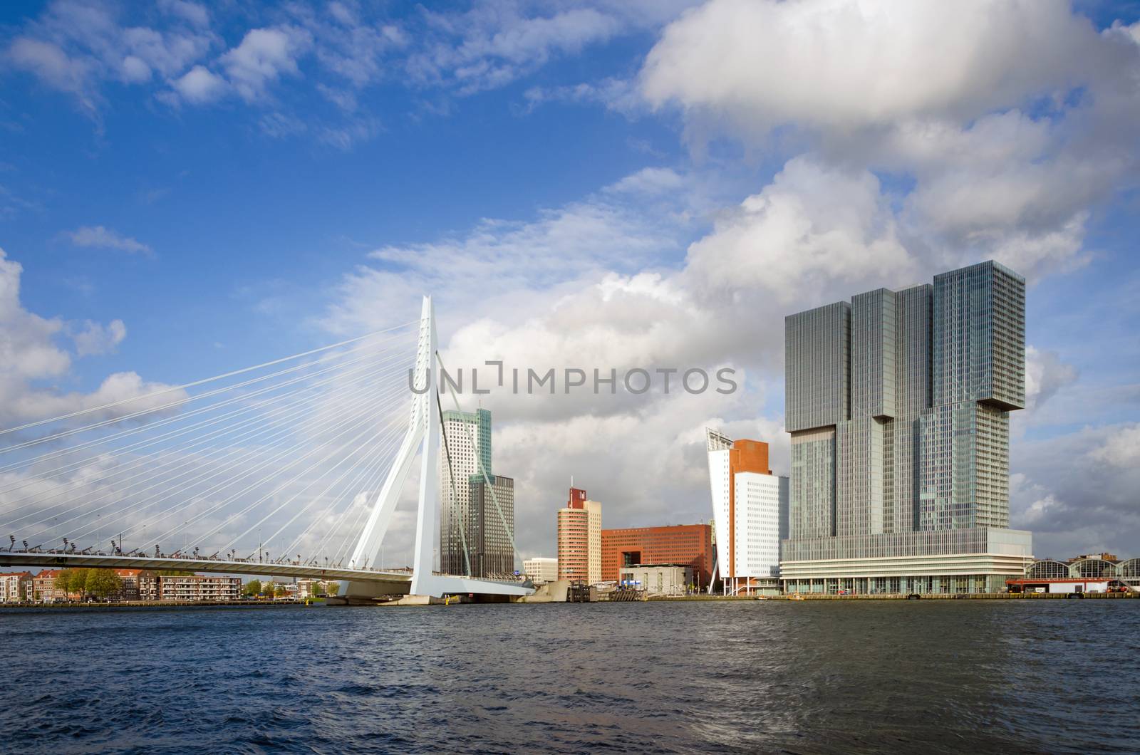 Erasmus Bridge with Skyscraper in Rotterdam by siraanamwong