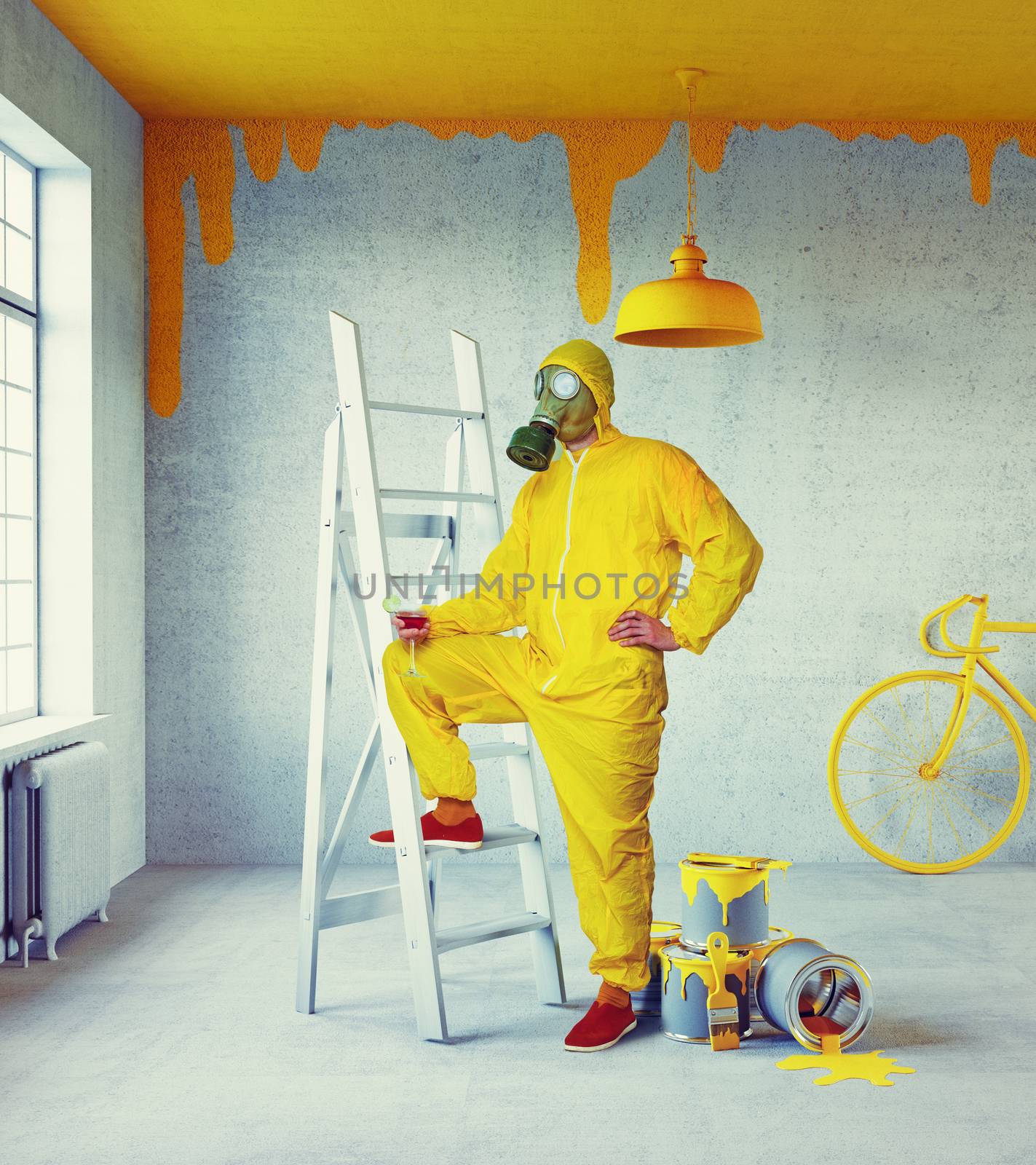 white interior with yellow painter and painted in yellow ceiling. 3d concept