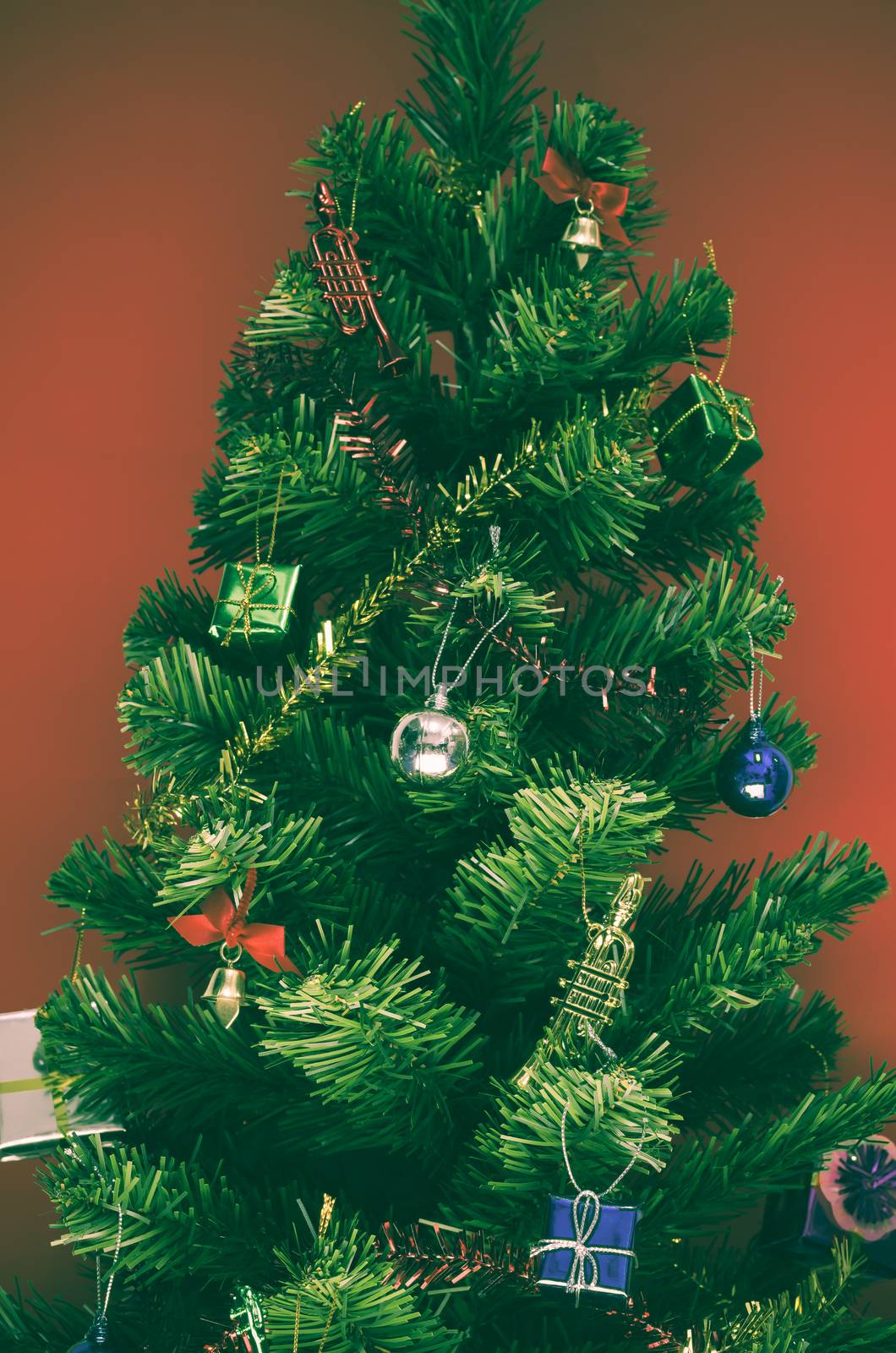 christmas tree on red background vintage style