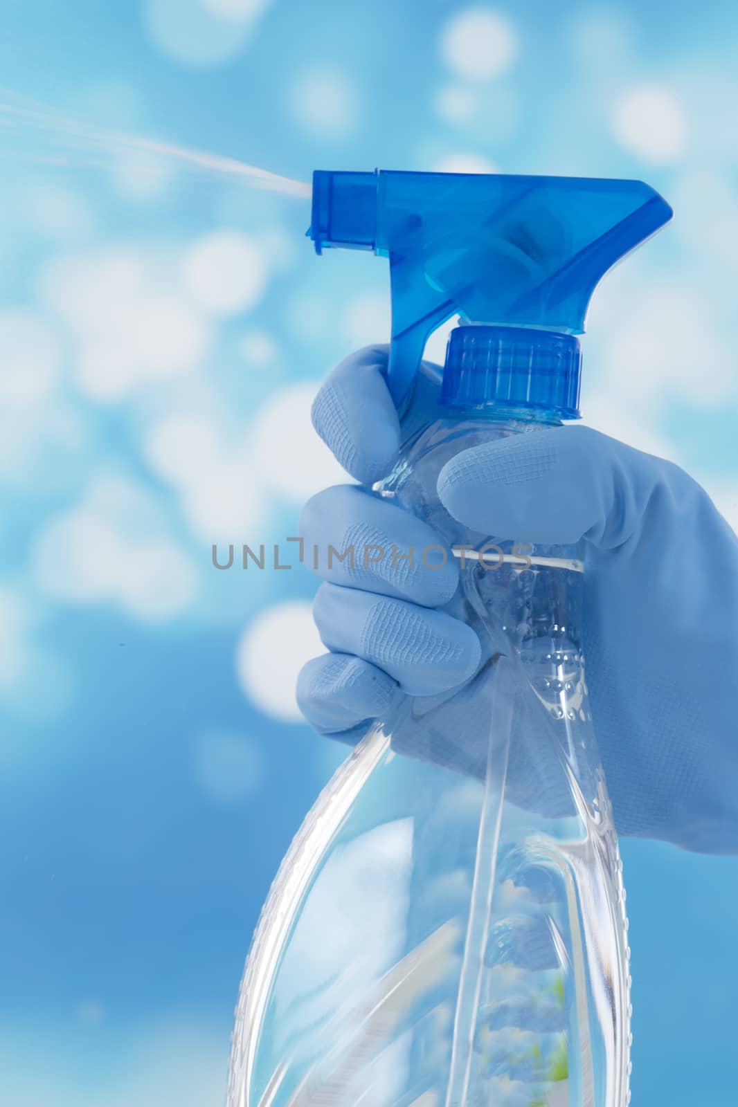 Blue gloved hand with  cleaning agent isolated by JPC-PROD