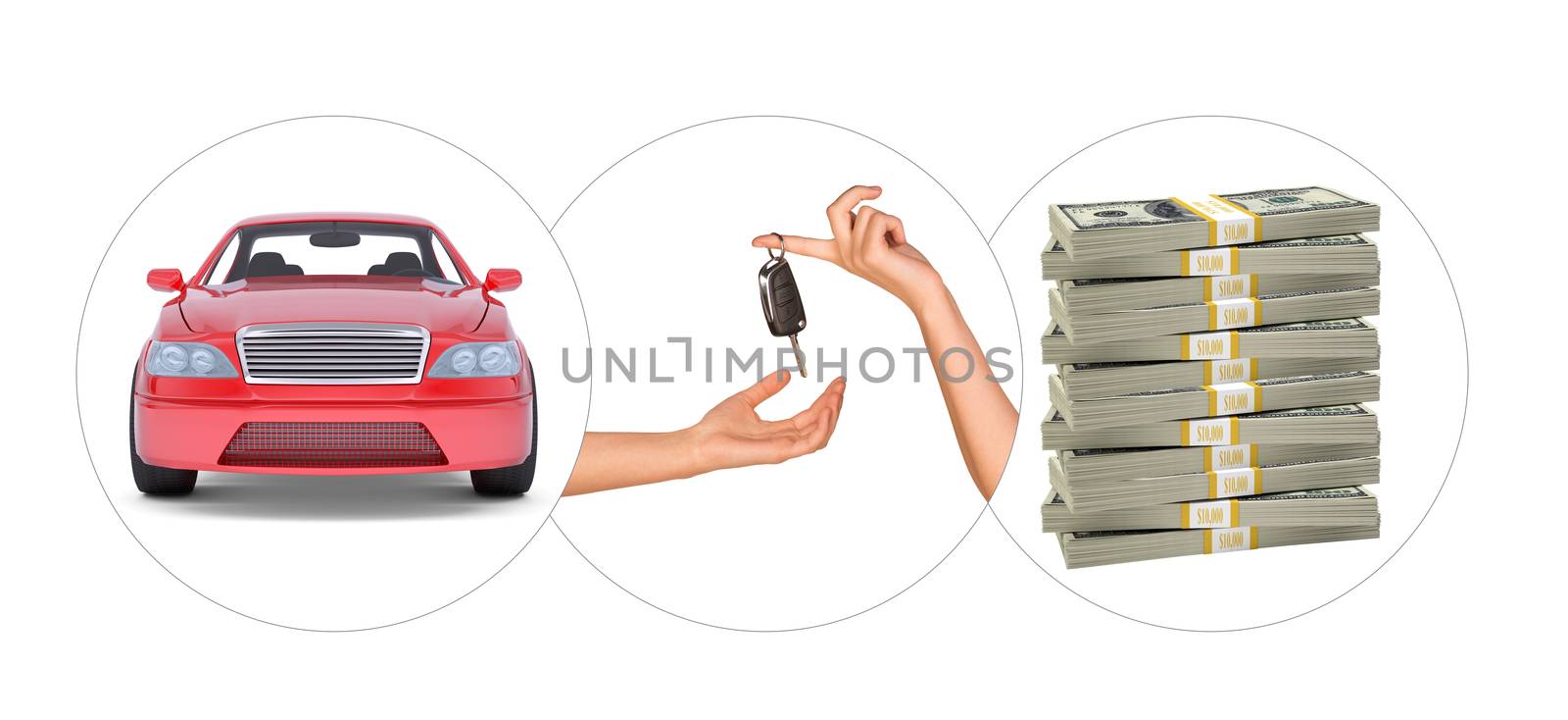 Car with hands and bundle of money on isolated white background
