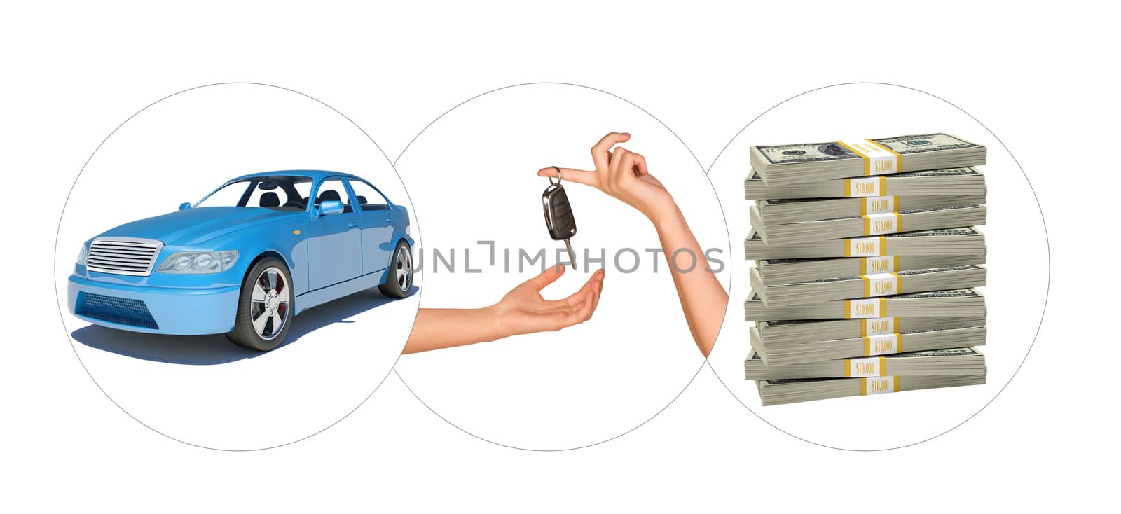 Blue car with hands and bundle of money on isolated white background