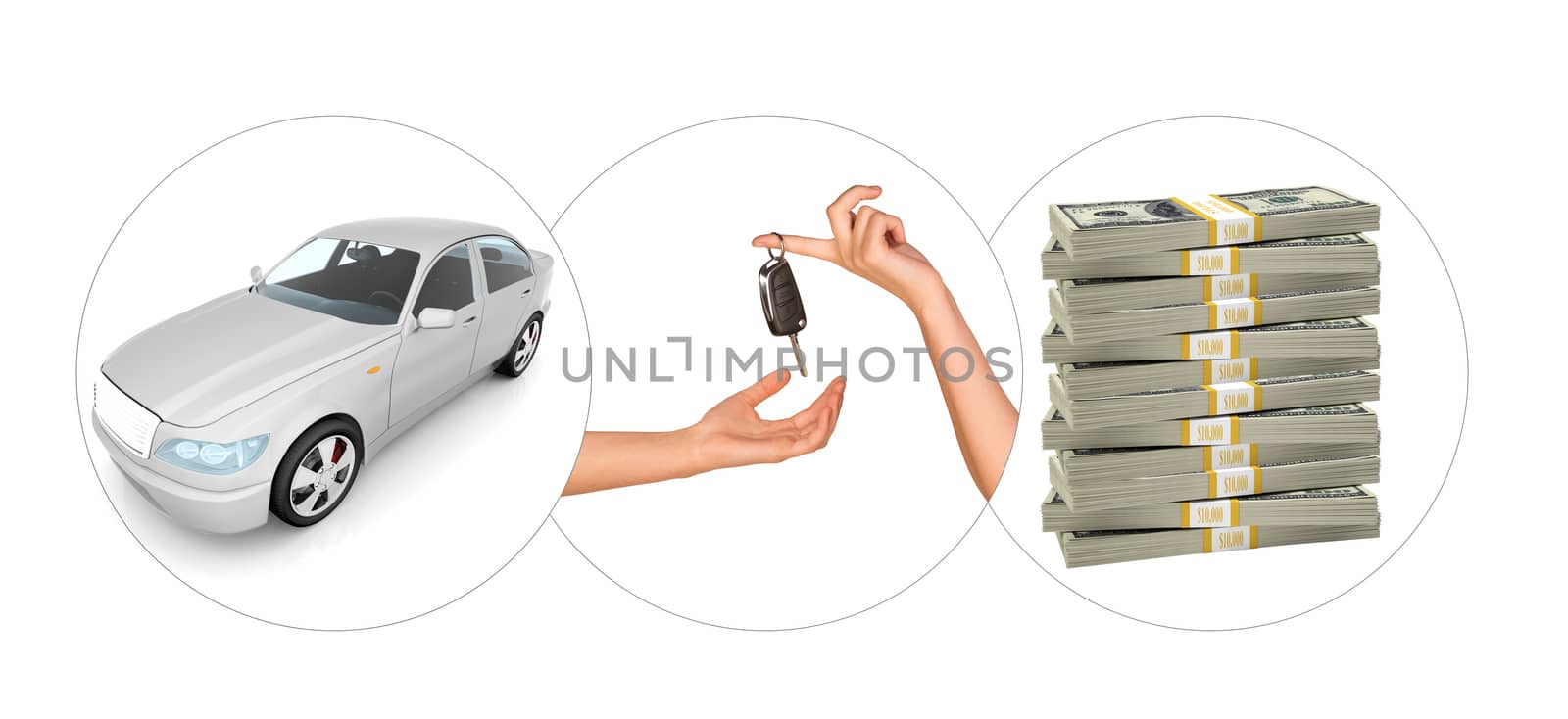 White car with hands and bundle of money on isolated white background