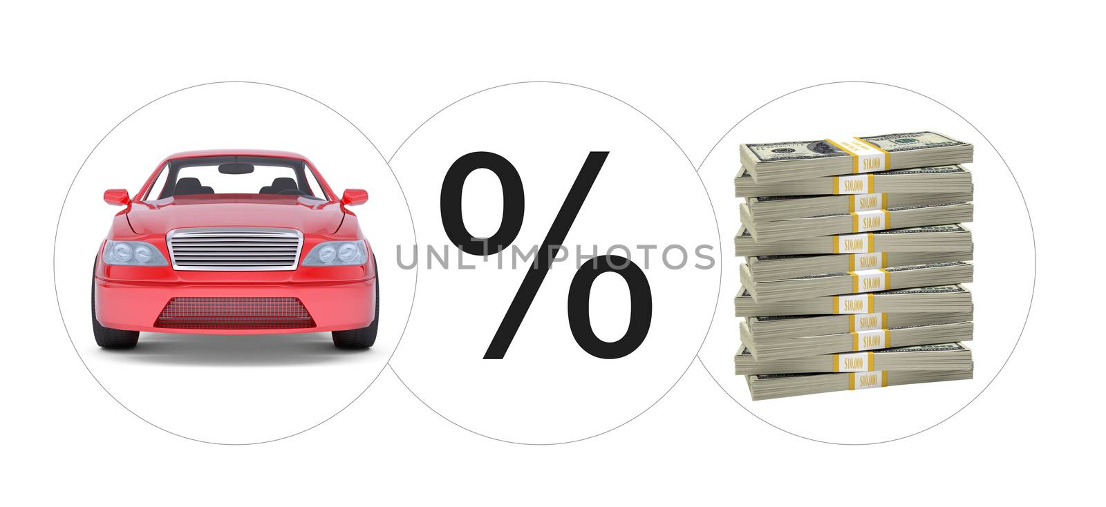Car with percent and bundle of money on isolated white background