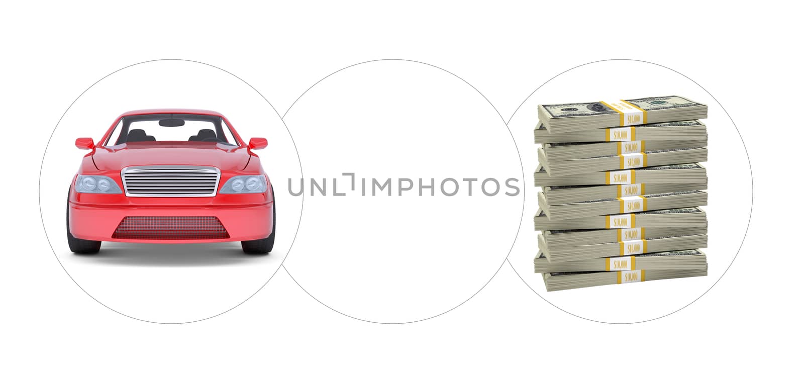 Car with bundle of money and empty circle on isolated white background