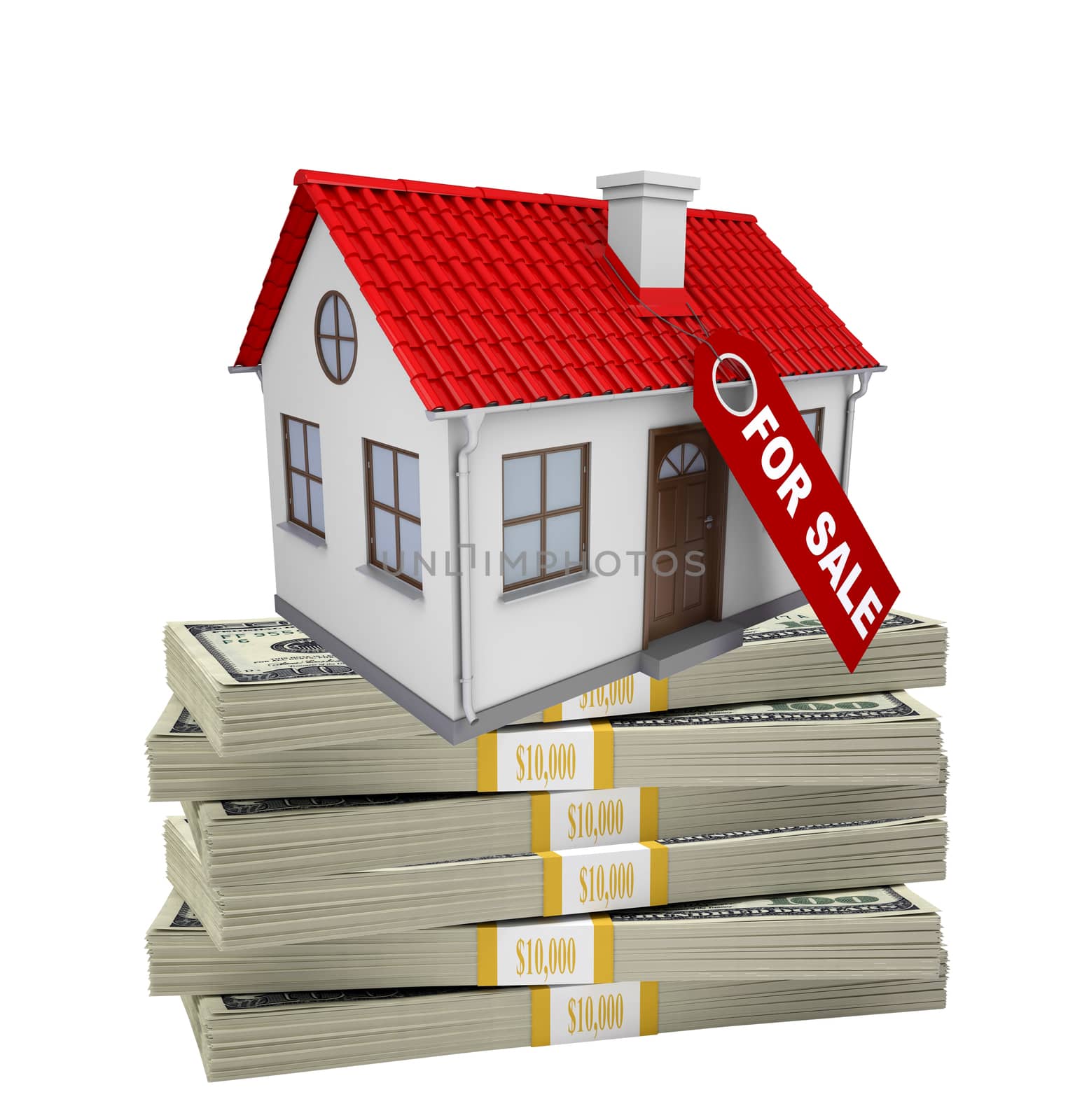 House for sale on pile of money on isolated white background
