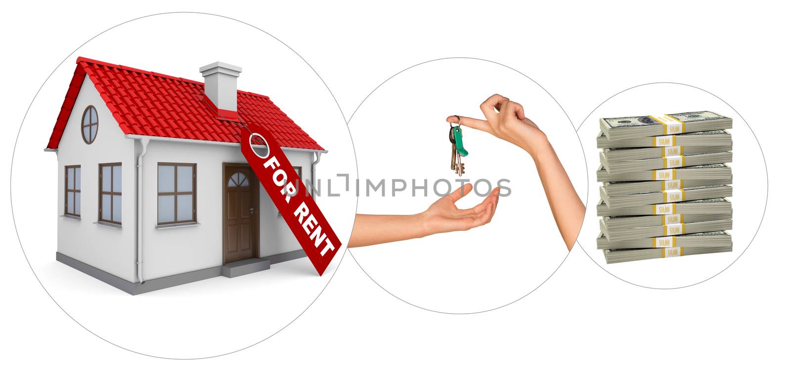 House for rent with keys and stack of money on isolated white background