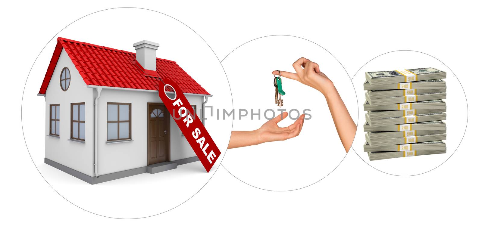 House for sale with keys and stack of money on isolated white background