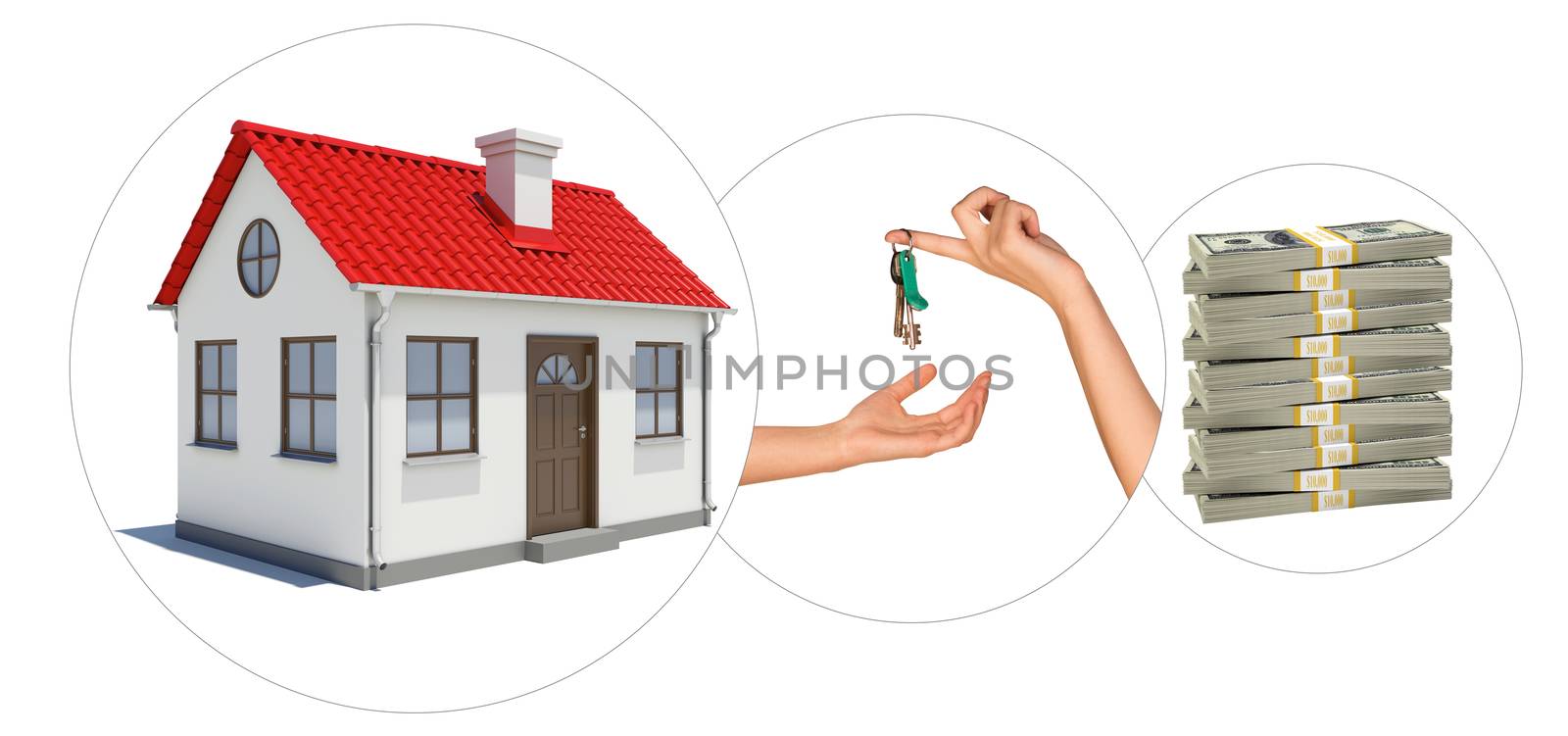House with keys and stack of money on isolated white background