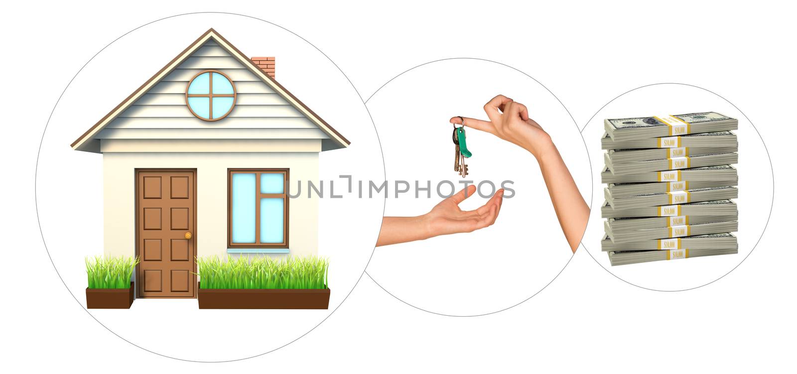 House with hand holding keys and stack of money on isolated white background