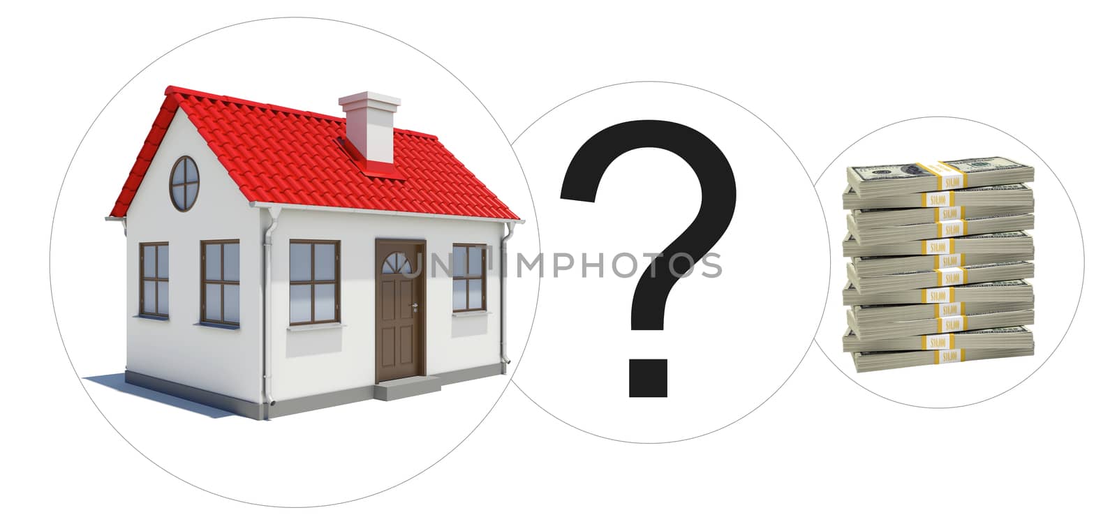 House with question mark and stack of money on isolated white background