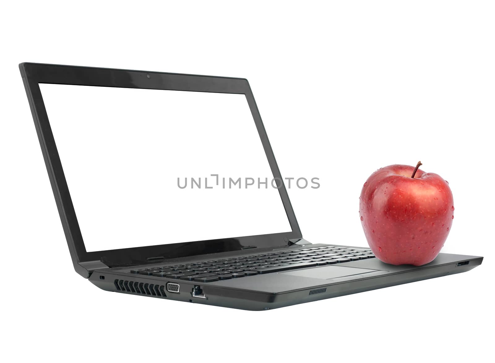 Apple on laptop with blank screen on isolated white background