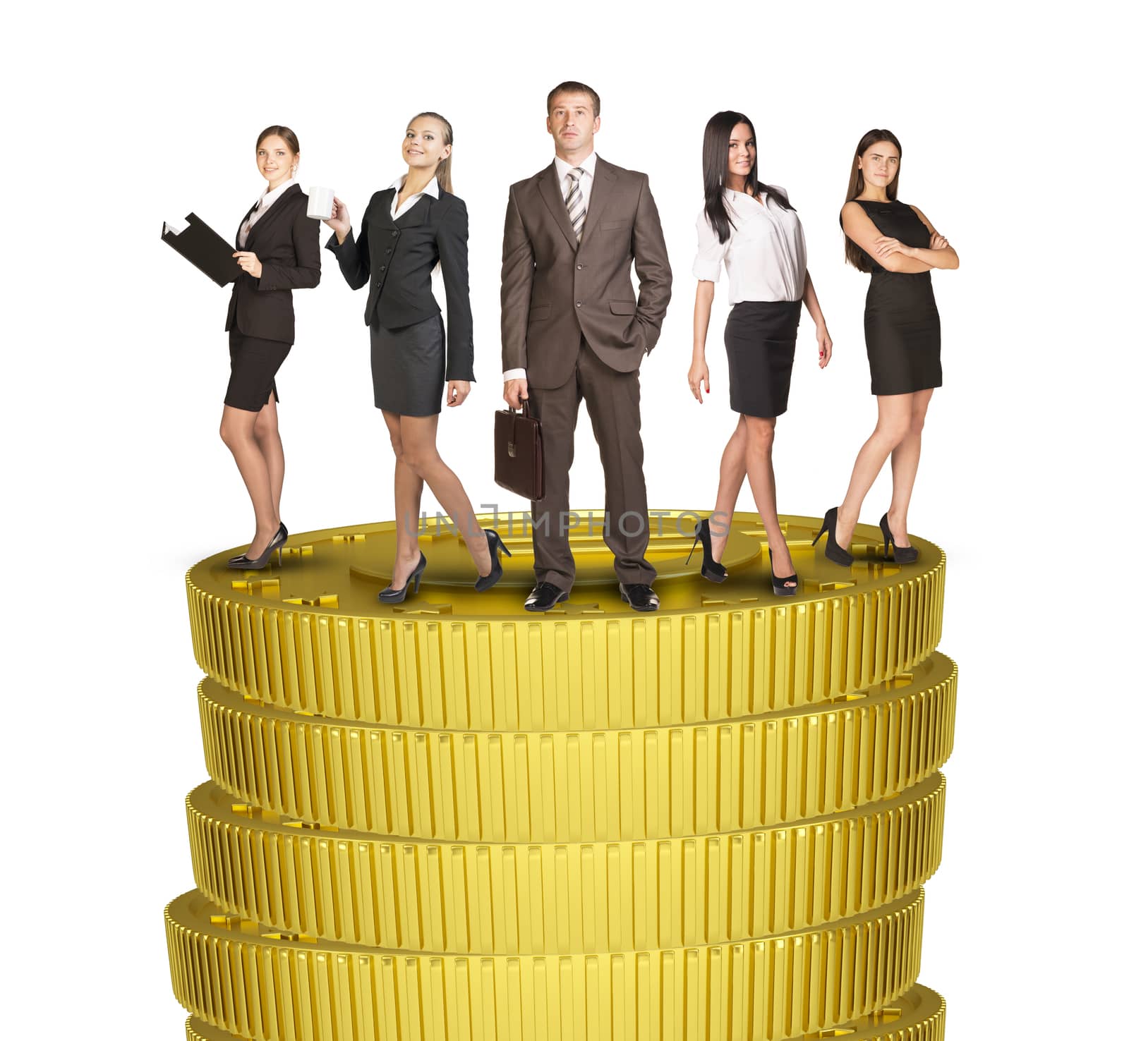 Group of business people standing on coins stack and looking at camera