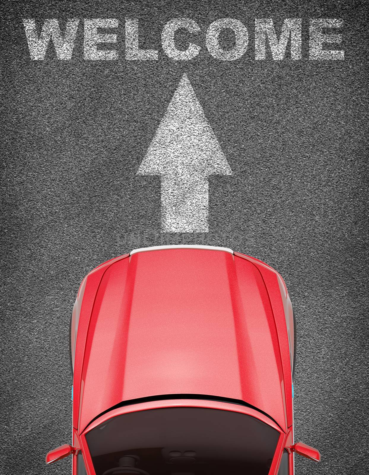 Red car on grey texture background with arrow and word welcome, top view