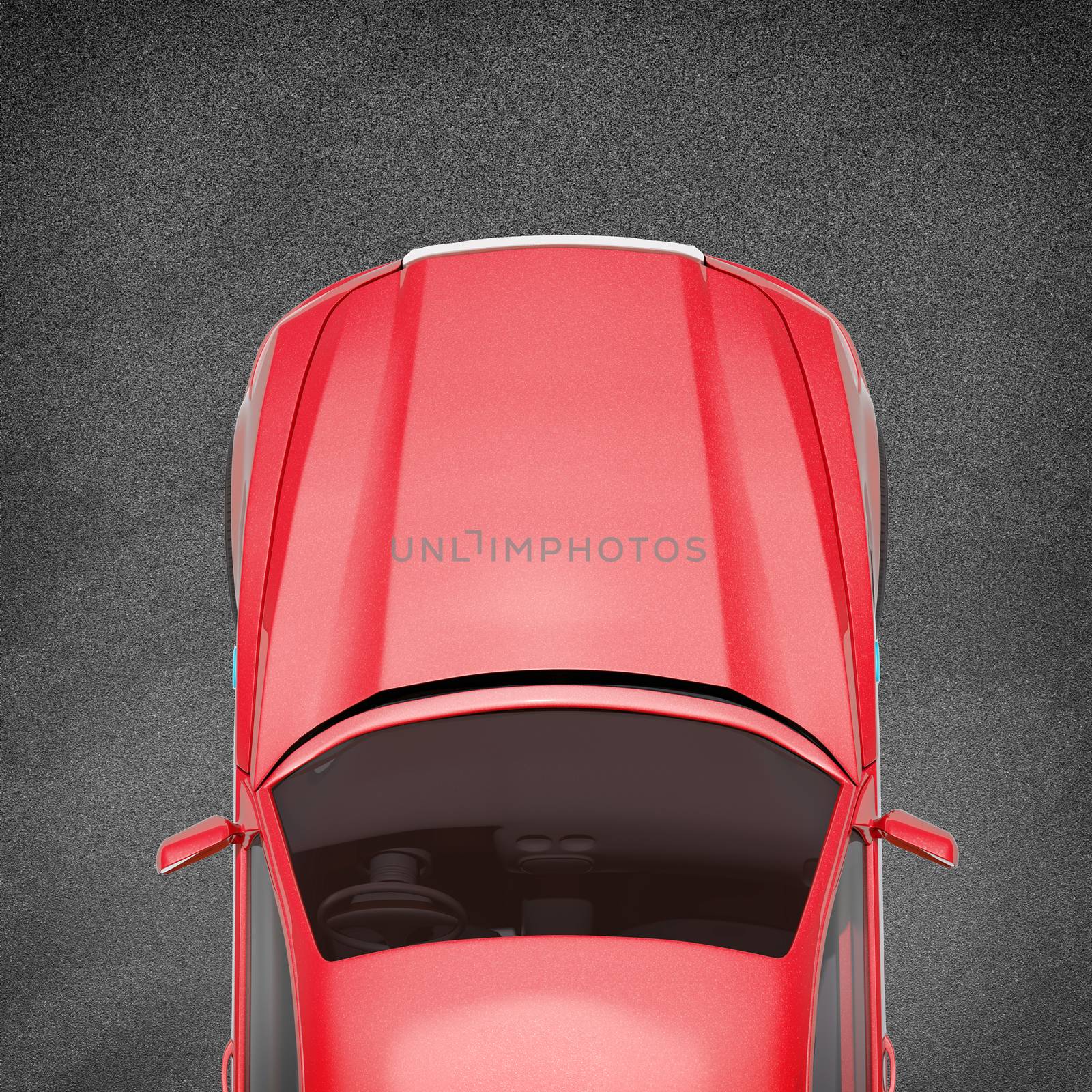 Red car on grey texture background with word success, top view