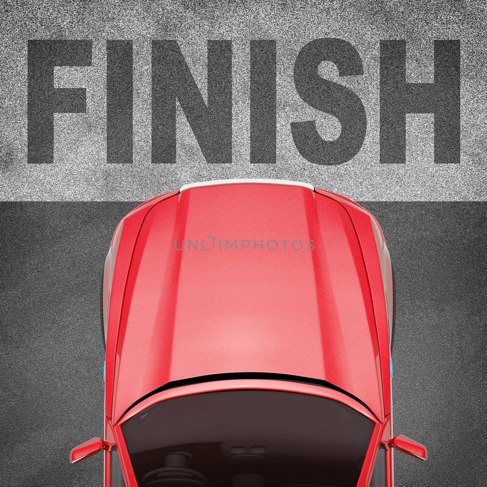 Red car on grey texture background with word finish, top view