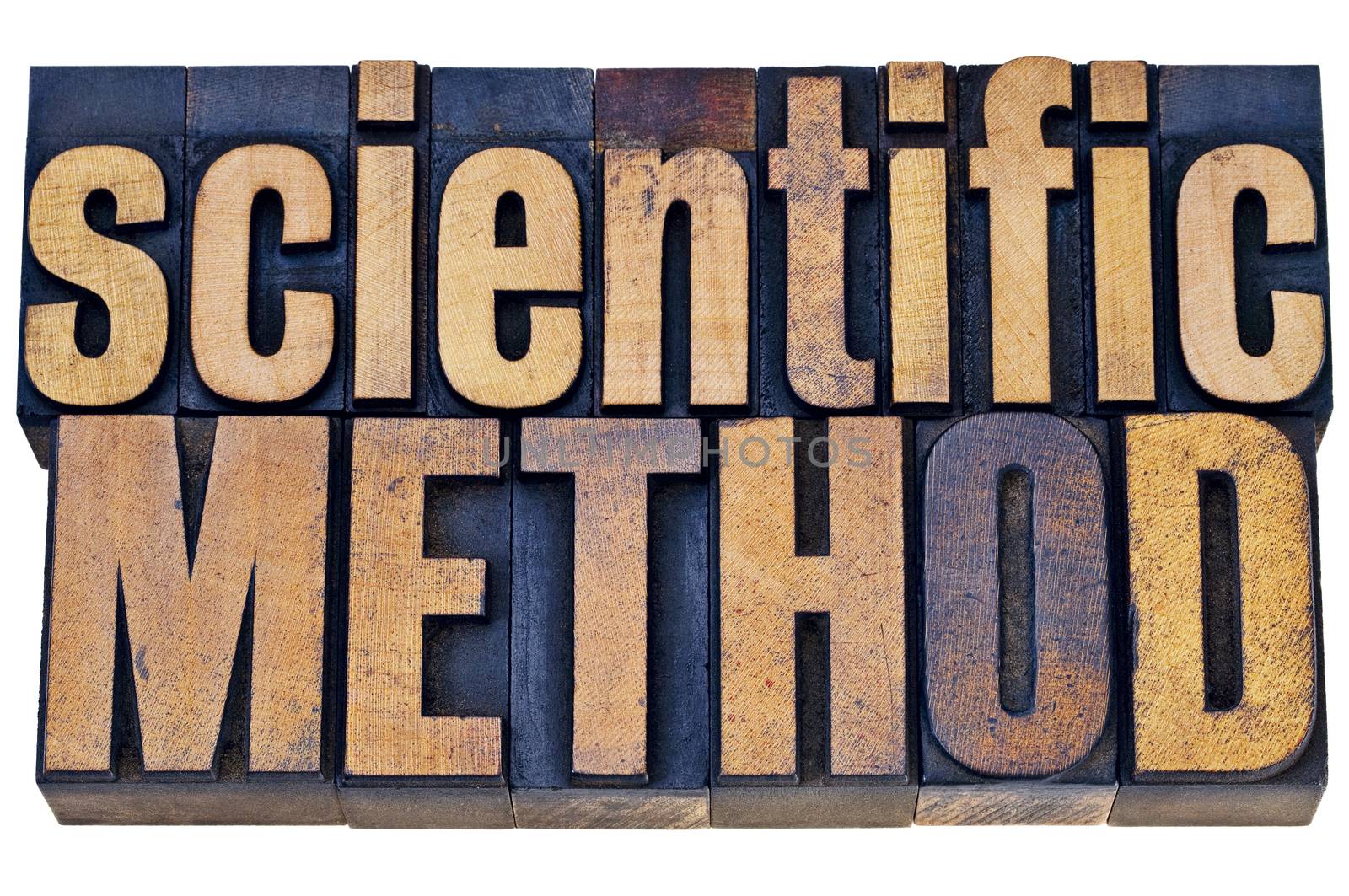 scientific method - science research concept - isolated  word abstract in grunge letterpress wood type blocks