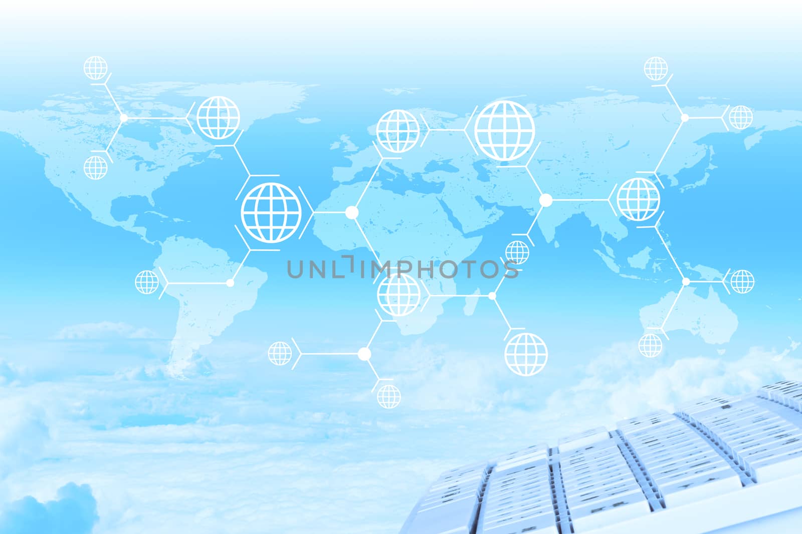 Abstract blue sky background with keyboard and world map