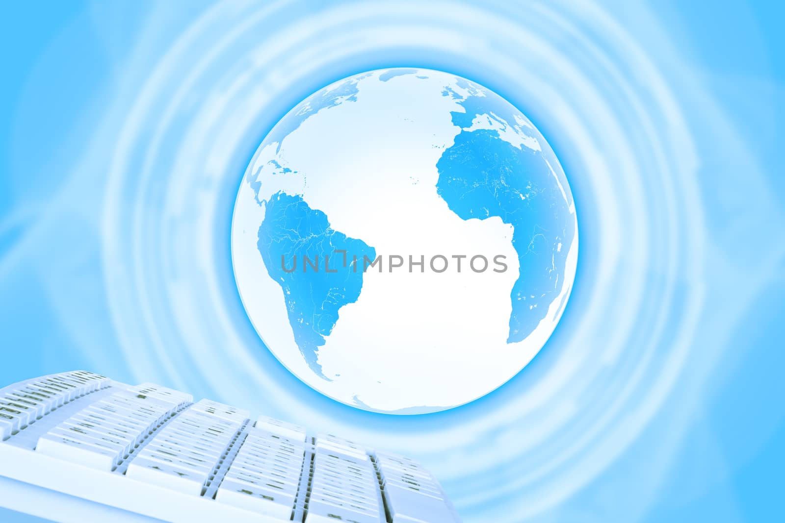 Keyboard with Earth on abstract blue background. Elements of this image furnished by NASA