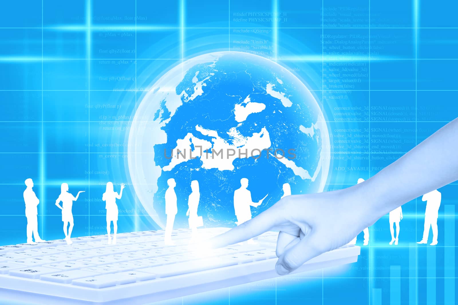 Silhouettes of business people in different postures and humans hand pressing keyboard on abstract blue background with earth. Elements of this image furnished by NASA