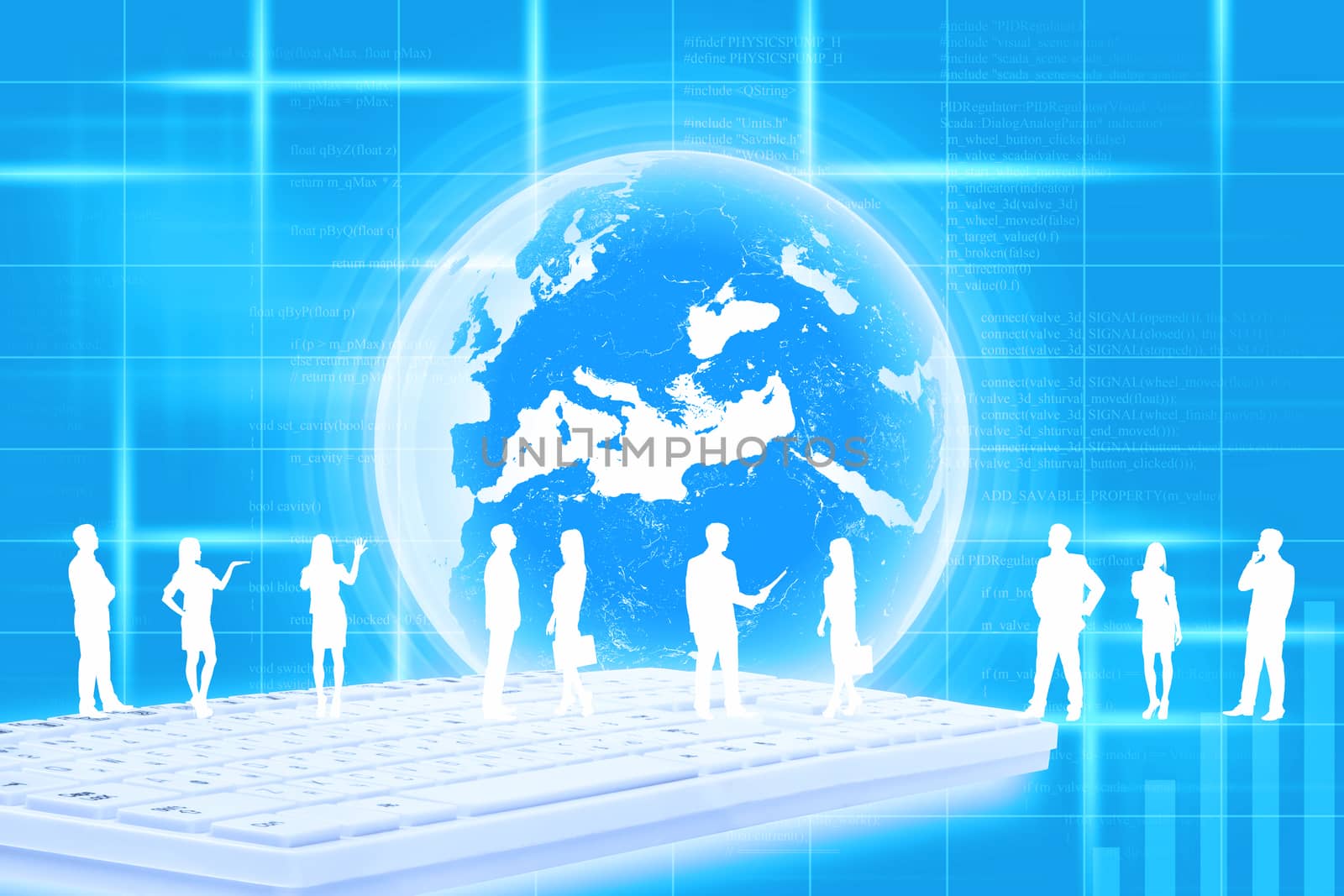 Silhouettes of business people in different postures on keyboard on abstract blue background with earth. Elements of this image furnished by NASA