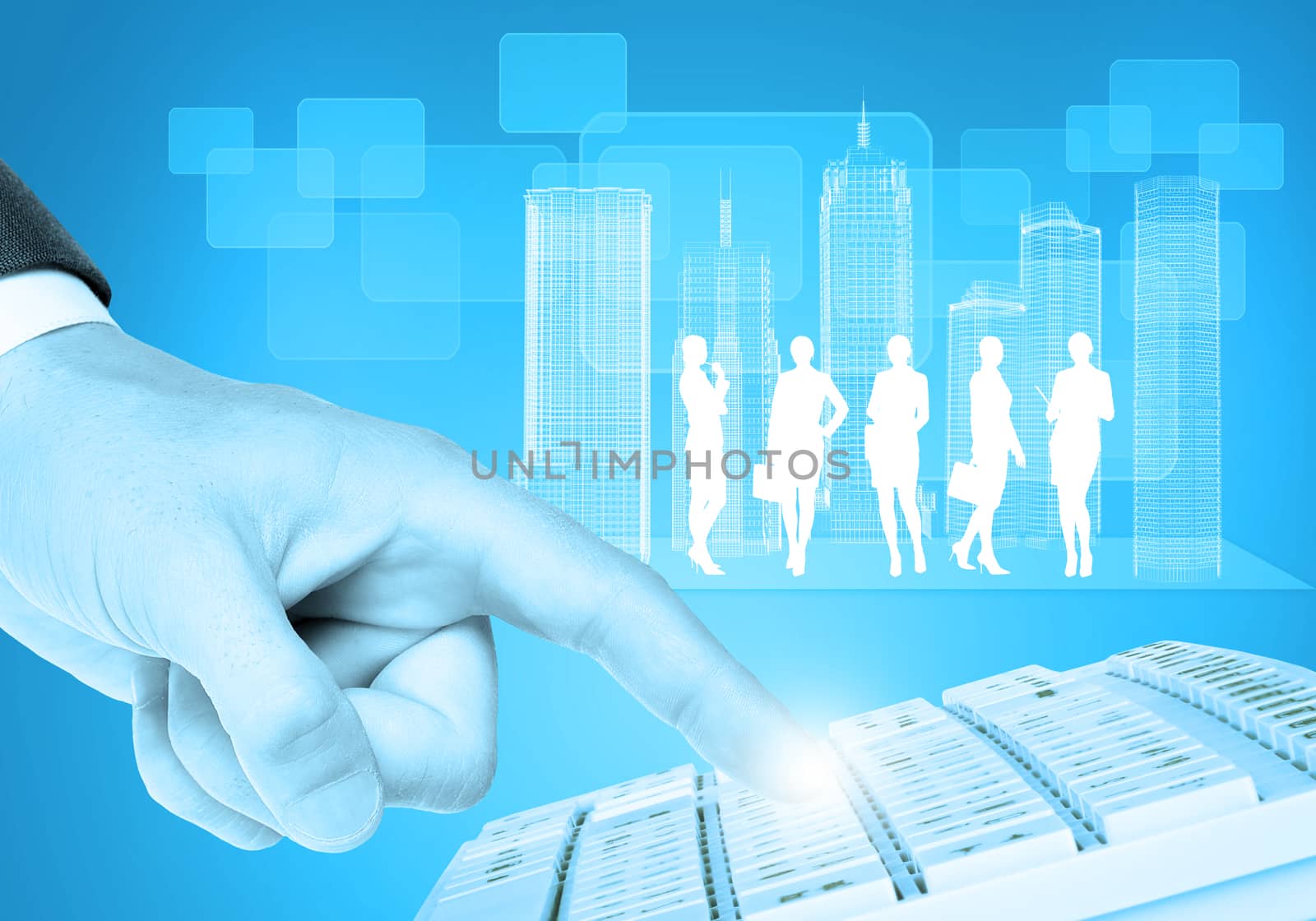Businessmans right hand touching keyboard on abstract blue background with virtual city and business people silhouettes