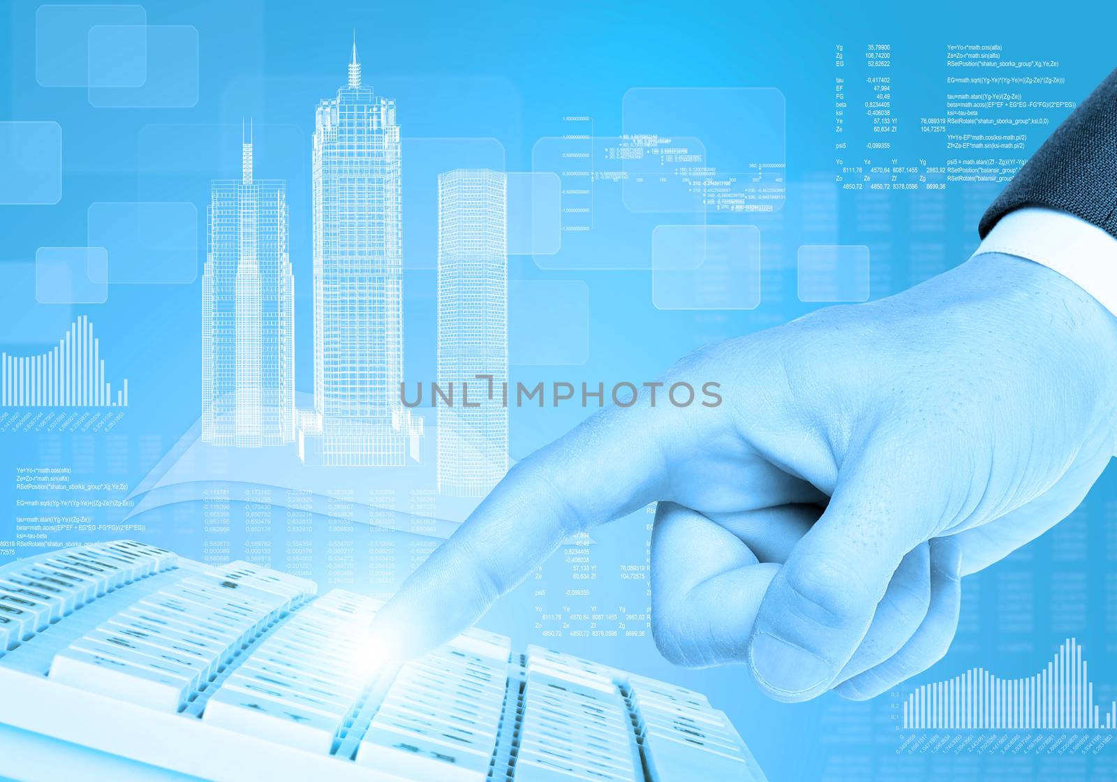 Businessmans right hand touching keyboard on abstract blue background with graphs